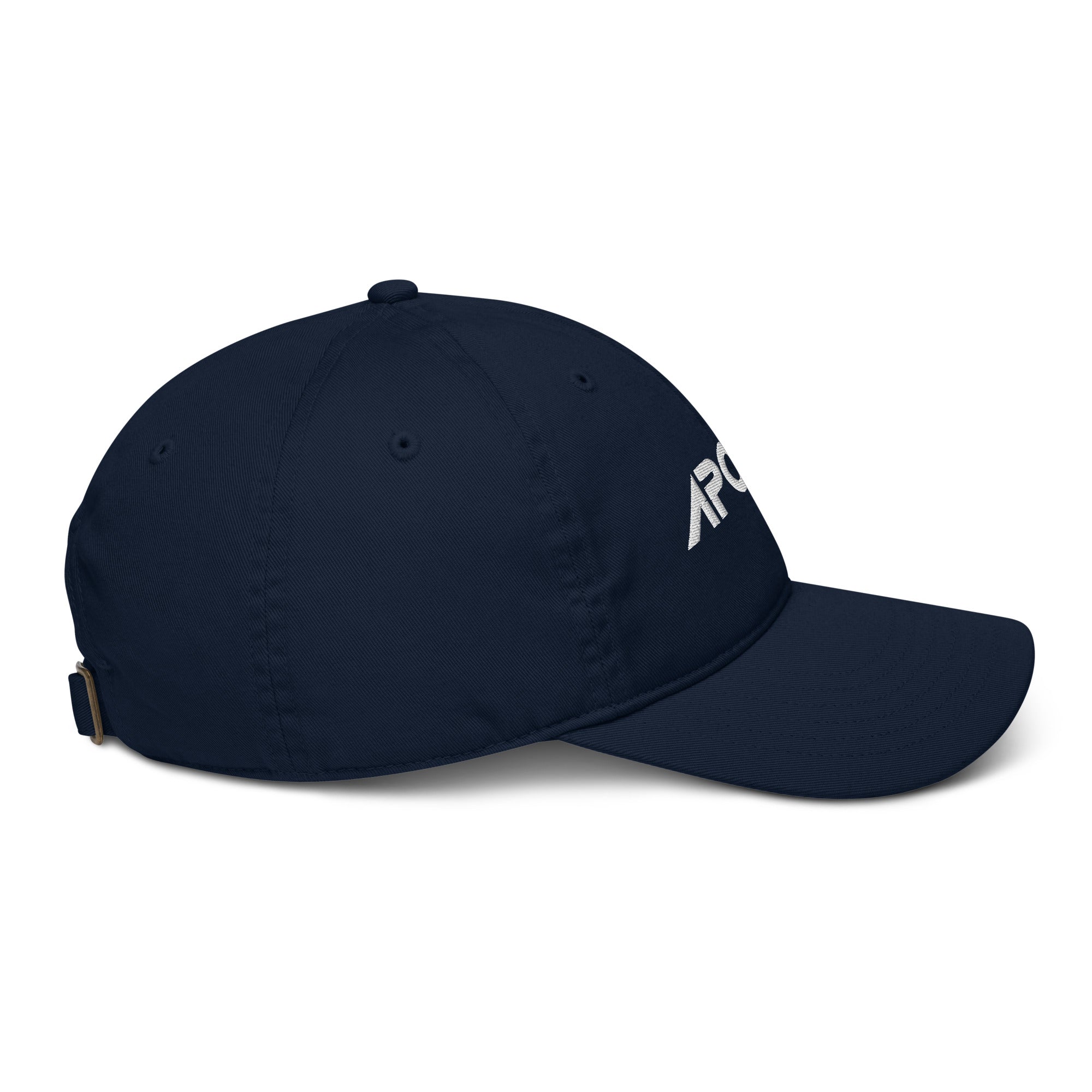 Navy blue dad hat with AR0 monogram embroidered logo on side