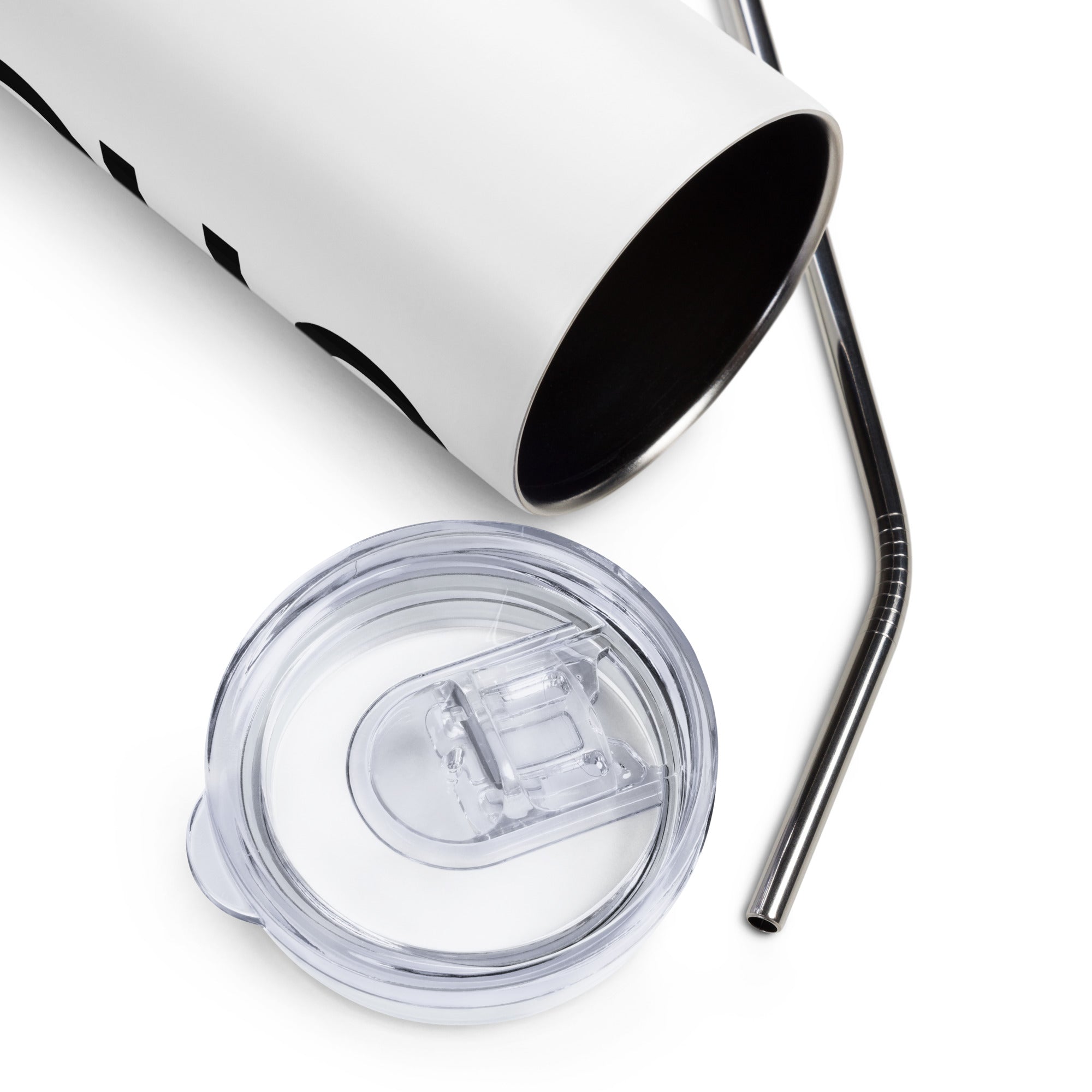 Closeup of a white thermal insulated tumbler with clear lid and metal straw against a white background
