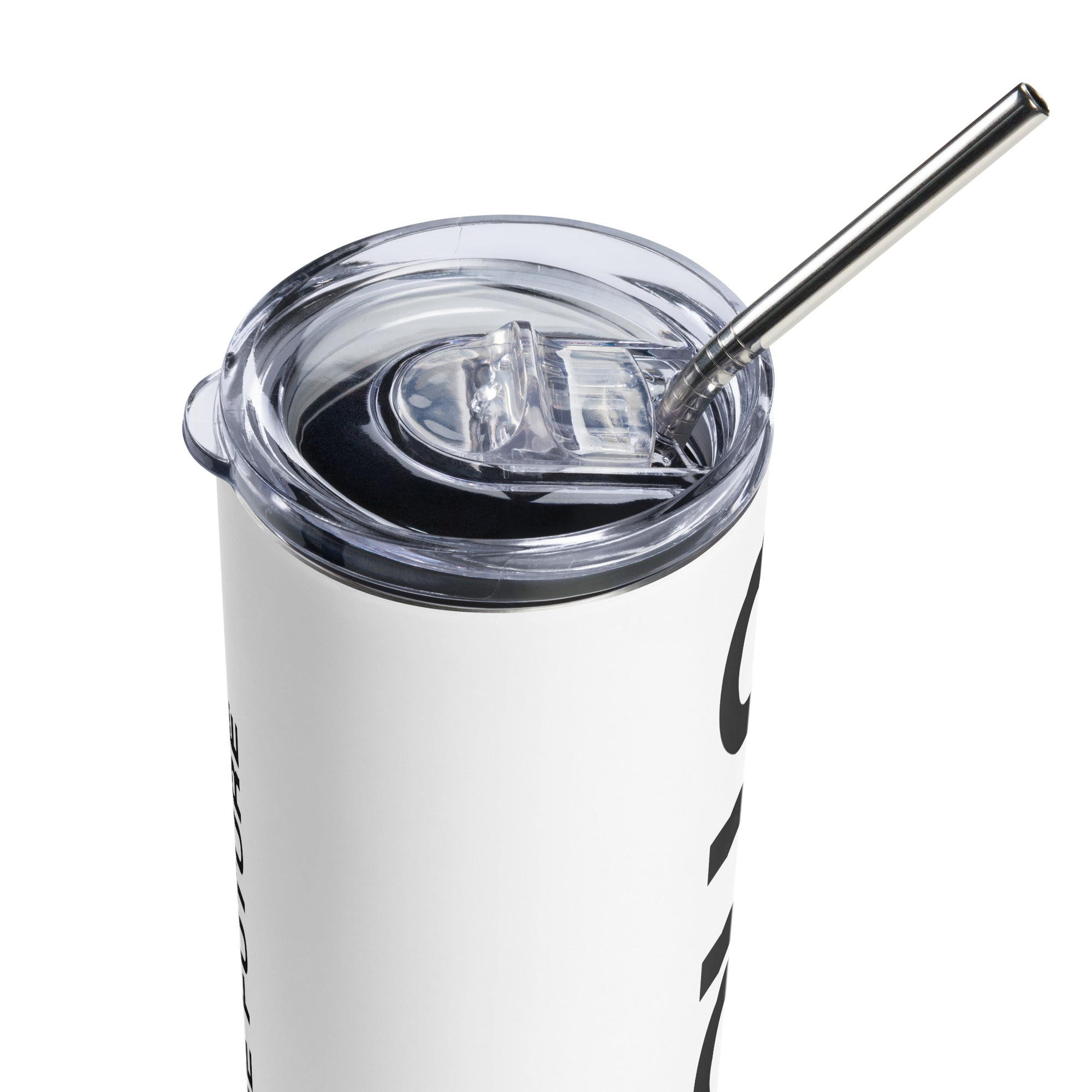 Stainless steel tumbler with lid, straw, and straw inside of tumbler