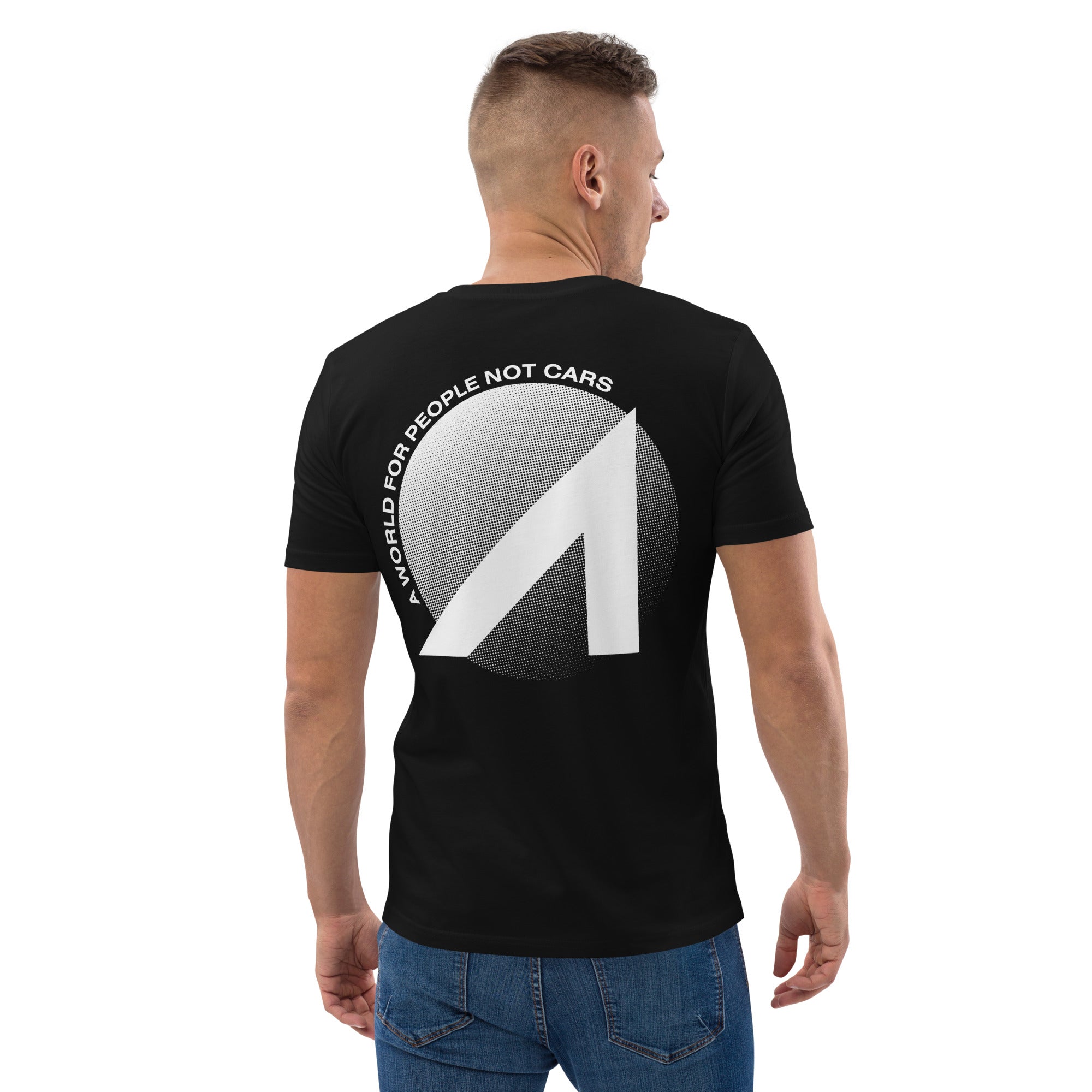 Rear view of a man wearing black t-shirt with A logo and slogan World For People Not Cars