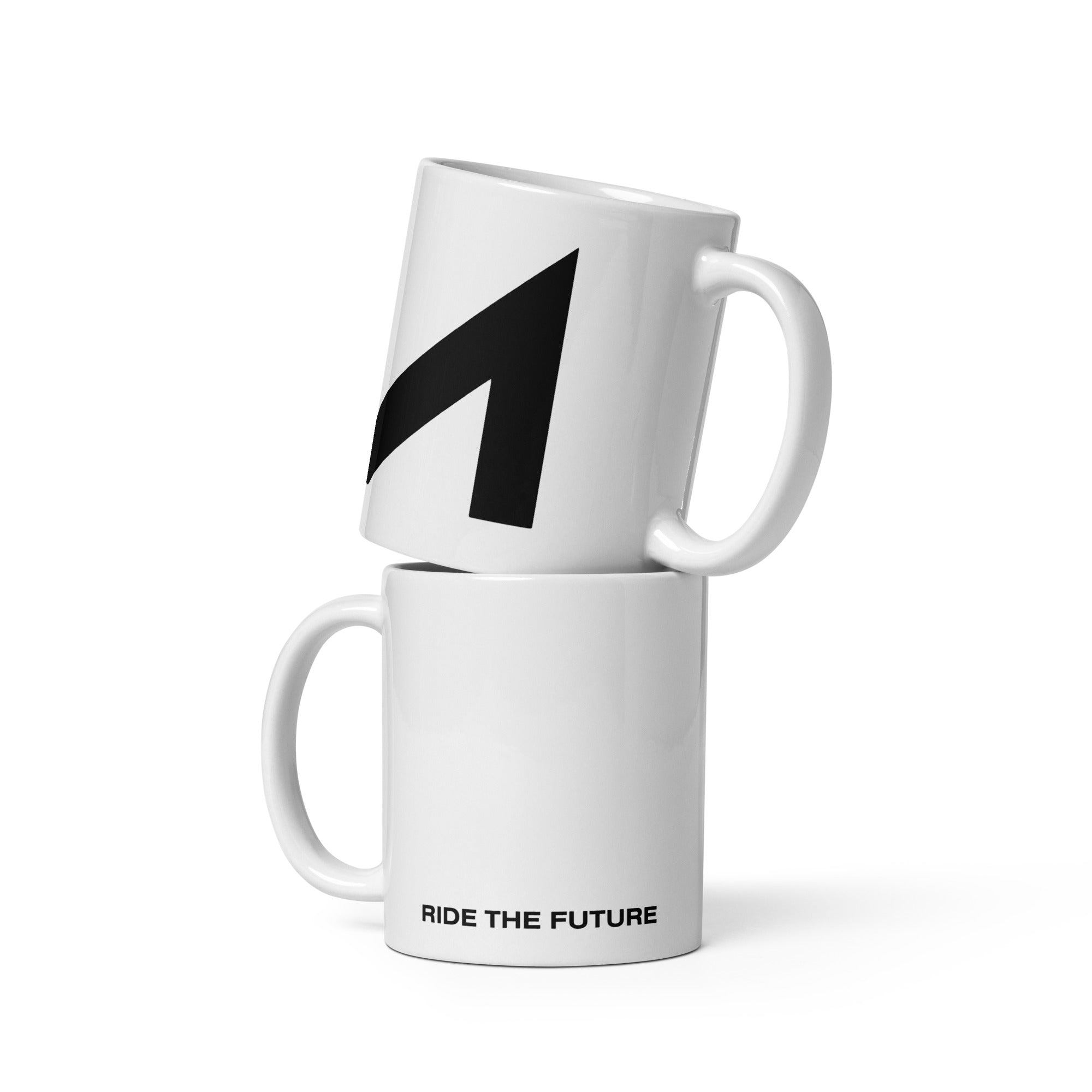 Ride the Future mug stack with slogan and up arrow.