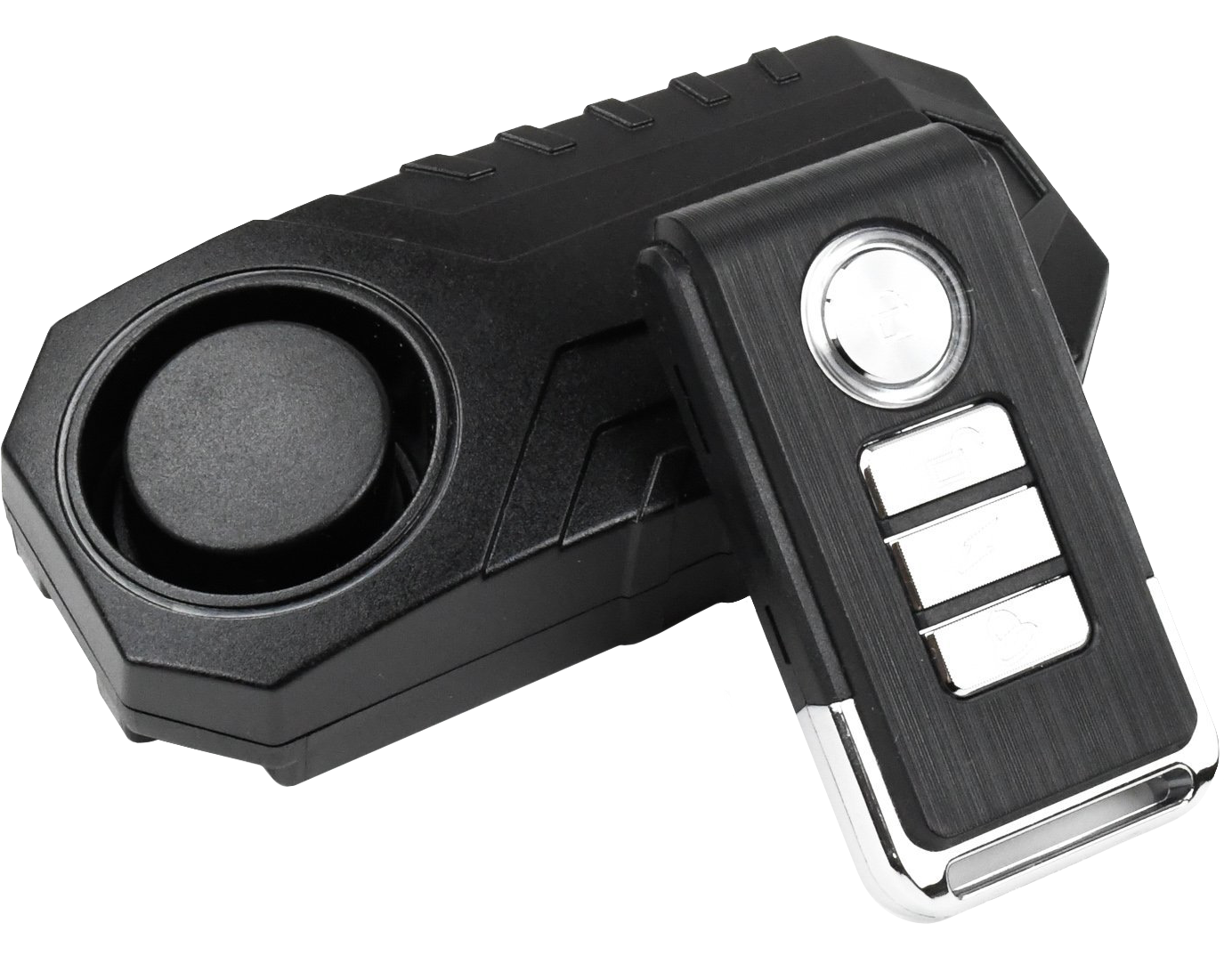 Zoomed image of a car alarm siren mounted on a black base and a remote control connected to it