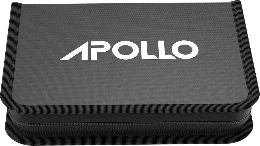 APOLLO storage case in black with a sleek, textured cover and prominent white word logo displayed.