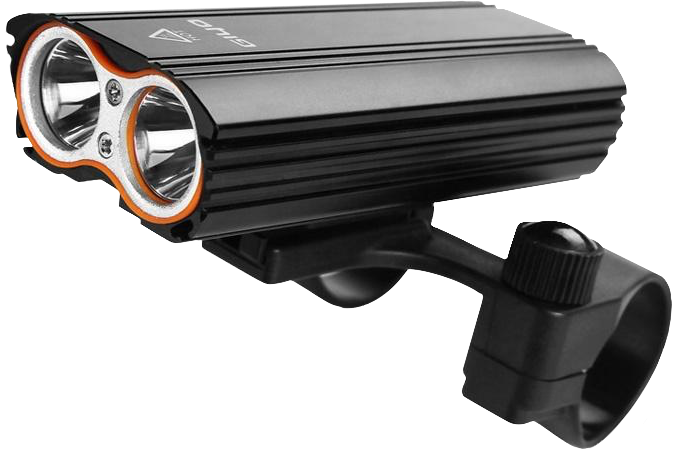 Black bicycle light head lamp with double front lights mounted onto a mount