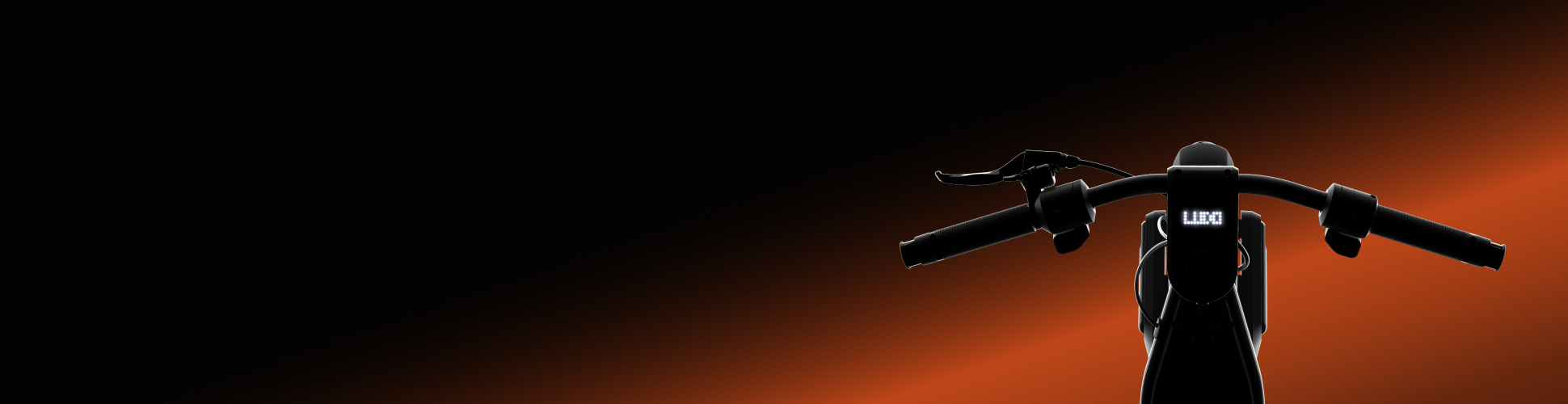 Sleek bike handlebars with an illuminated LCD display by Lumos on a dark background with an orange gradient