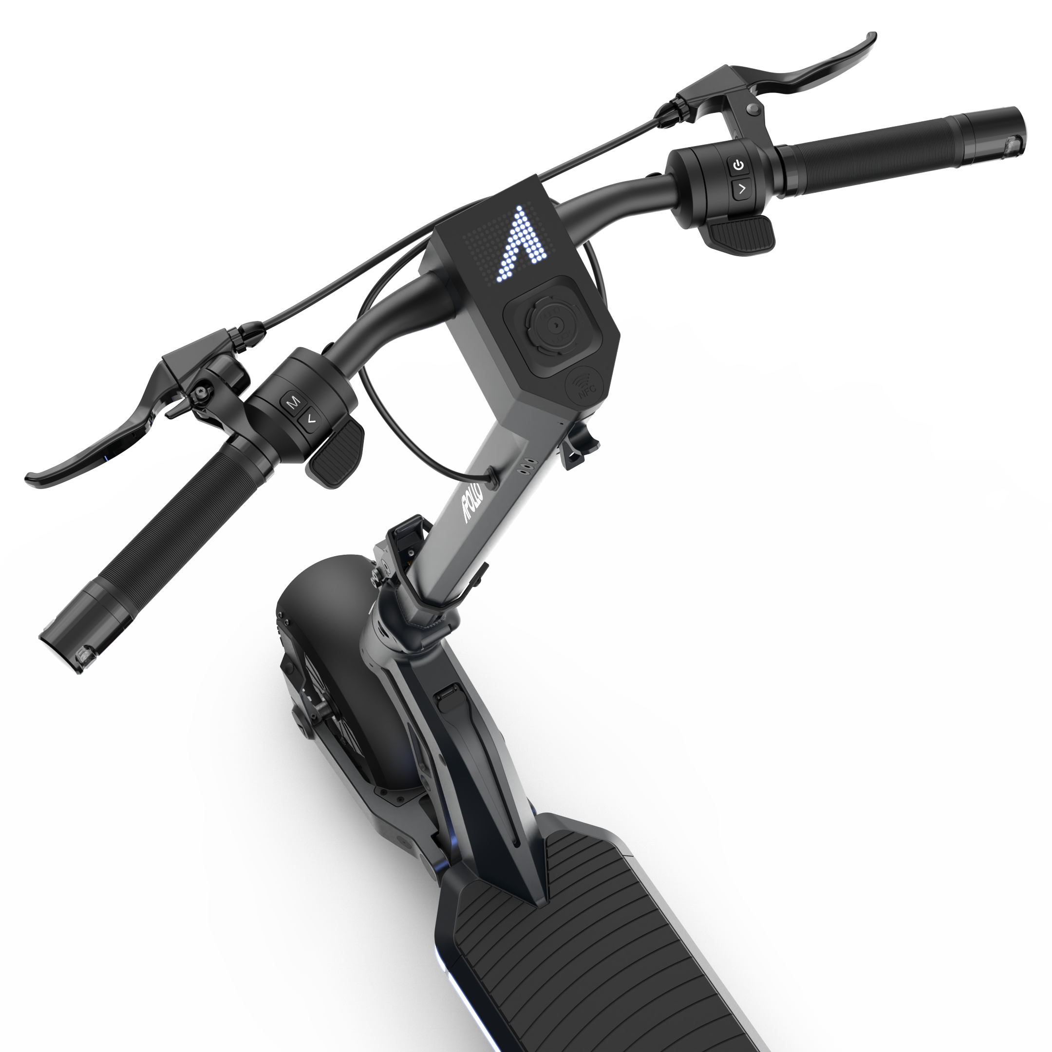 An electric scooter with a modern design displays its handlebars, handle, and charging port