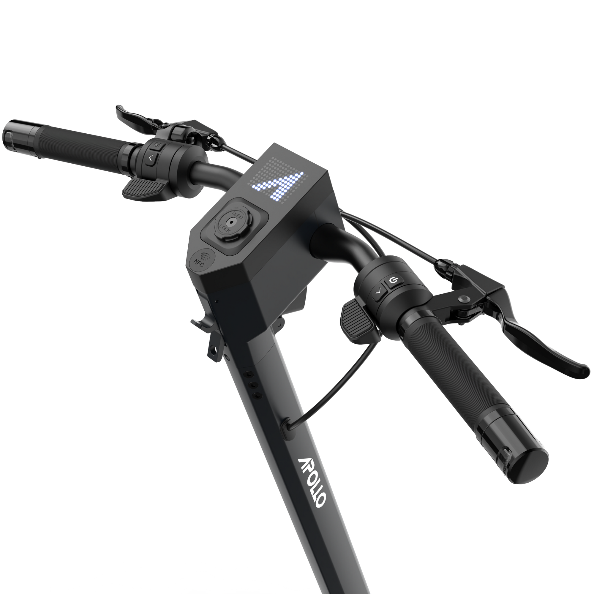 Apollo electric scooter black handlebar with LED display and control buttons, white background