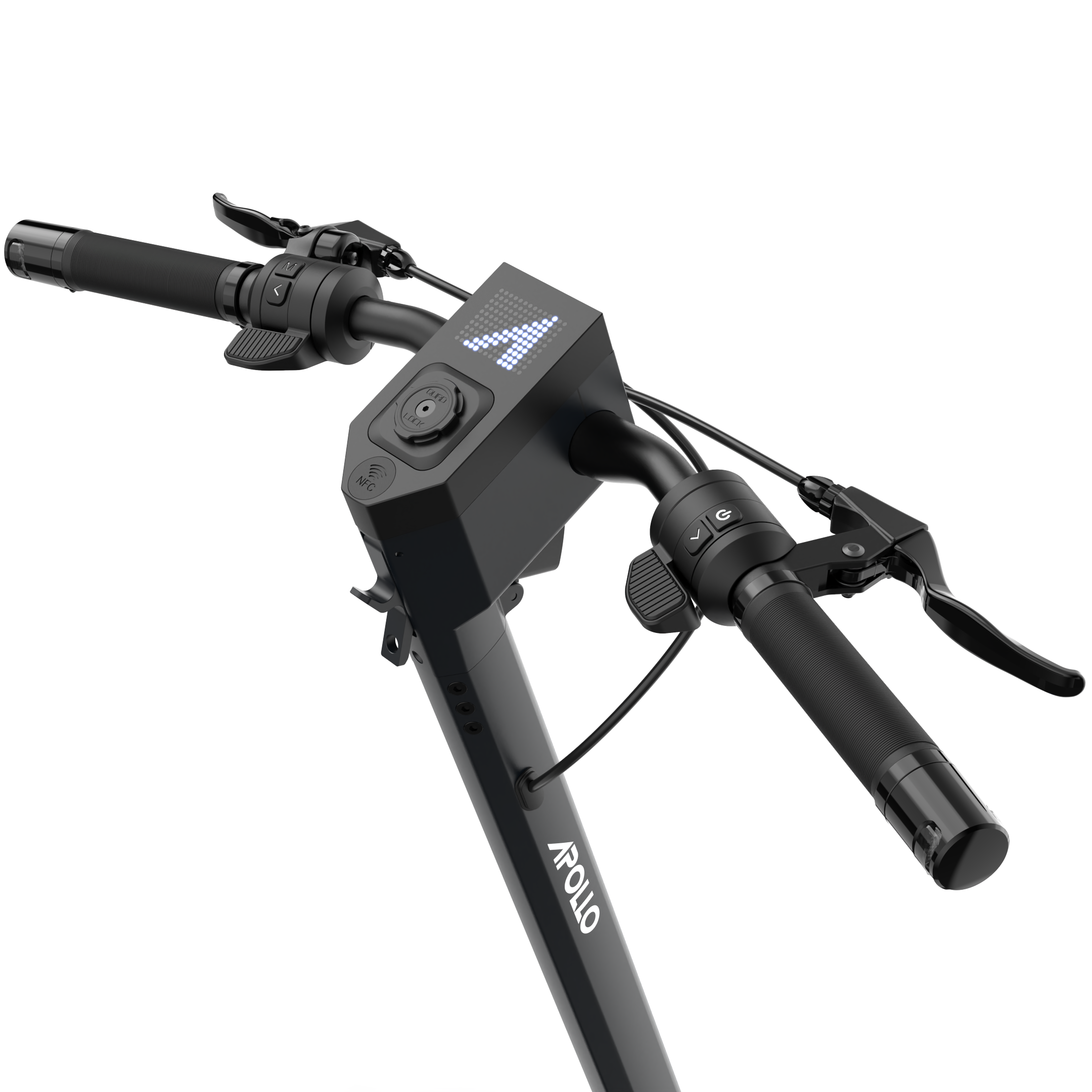 Apollo electric scooter black handlebar with LED display and control buttons, white background