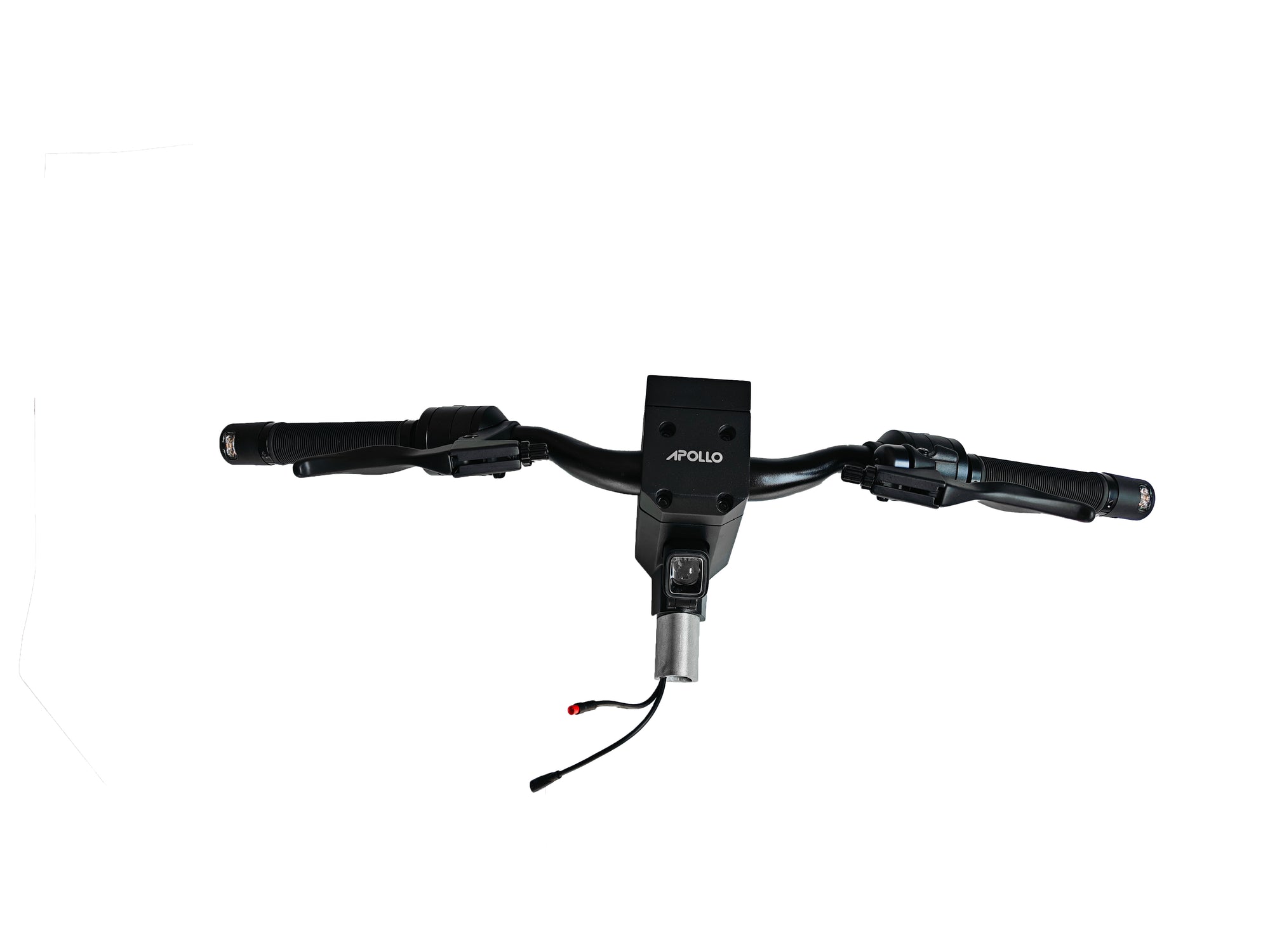 Close-up of black handlebar of Apollo ebike shows control panel buttons, connected wires, and an integrated headlight.