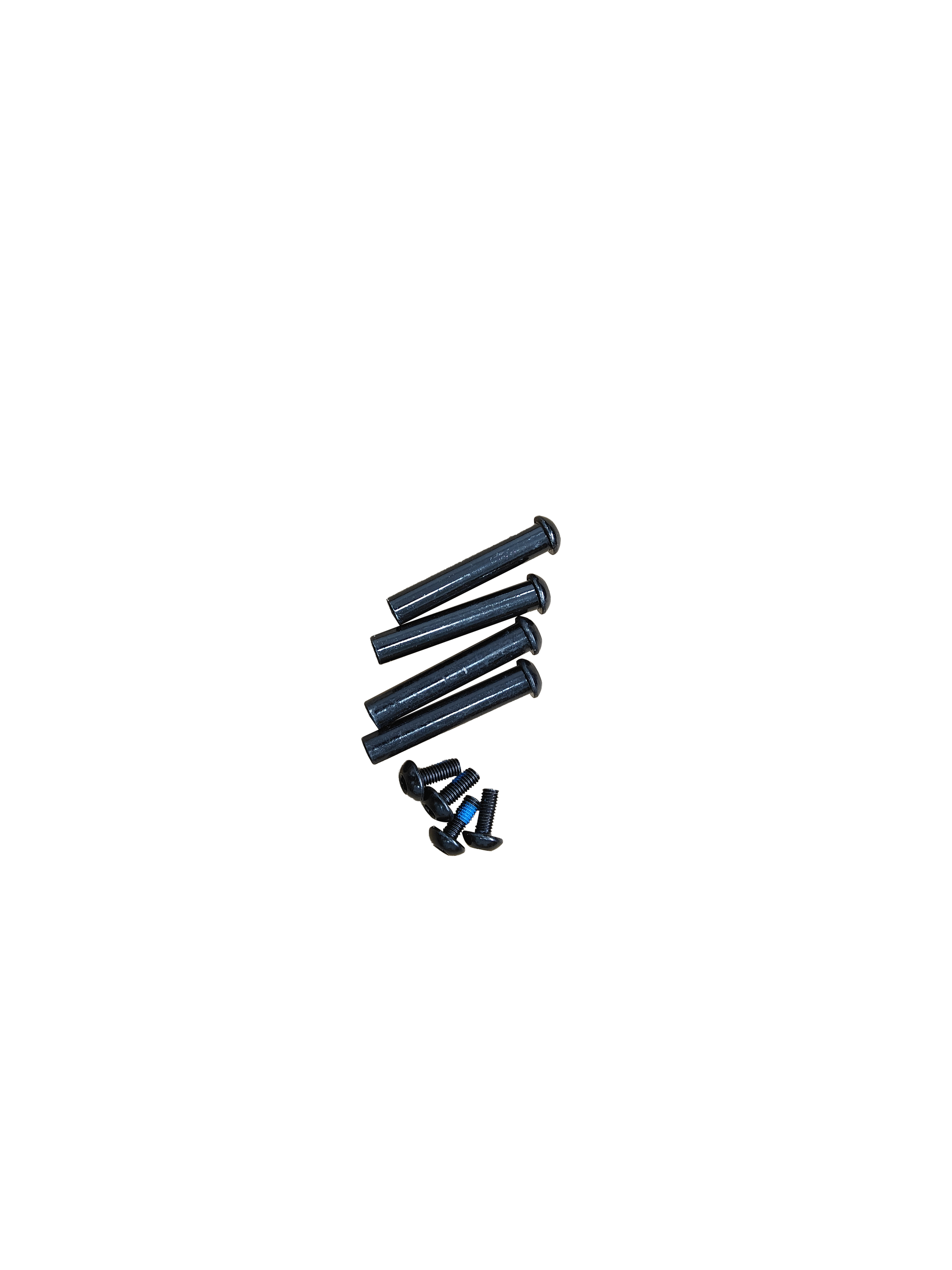 A set of black screws featuring two types of head designs on a white background