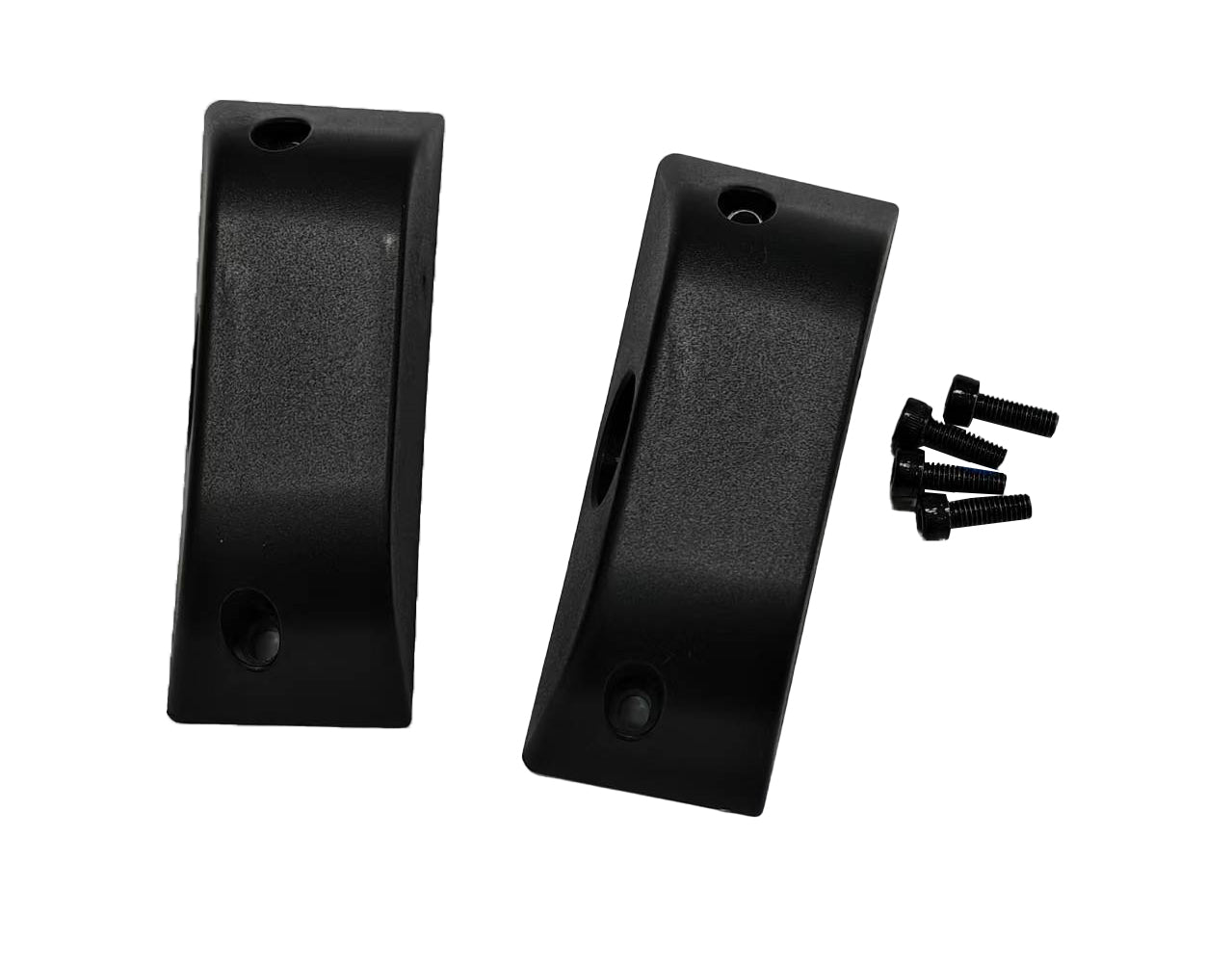 Two black protective corner bumpers for 1/10th scale RC vehicles with mounting screws