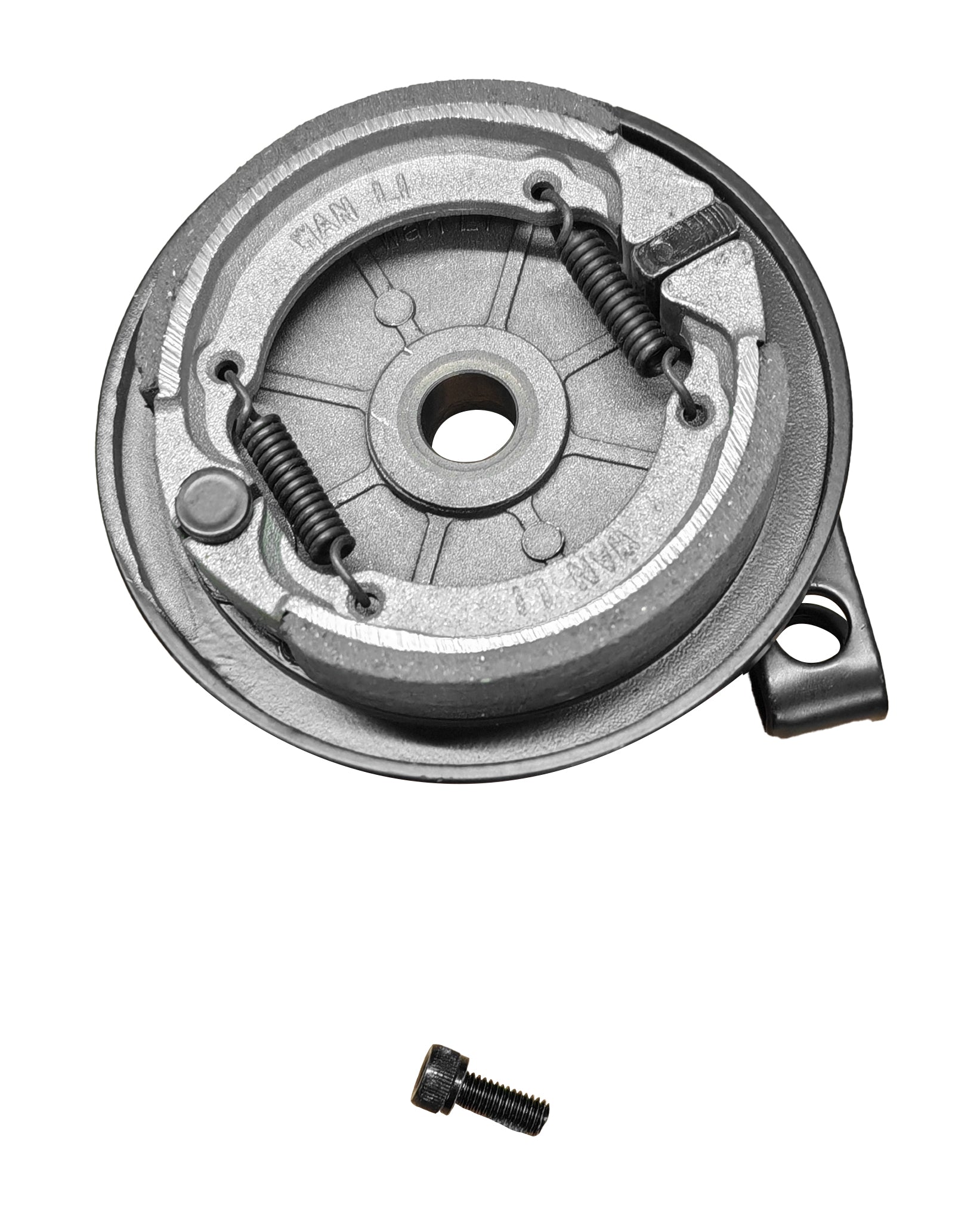 Metal clutch mechanism for small engine with a bolt isolated on a white background