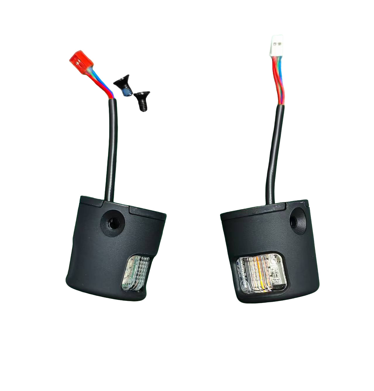 Two black car reversing indicators with multi-colored wires showing attached and disconnected state