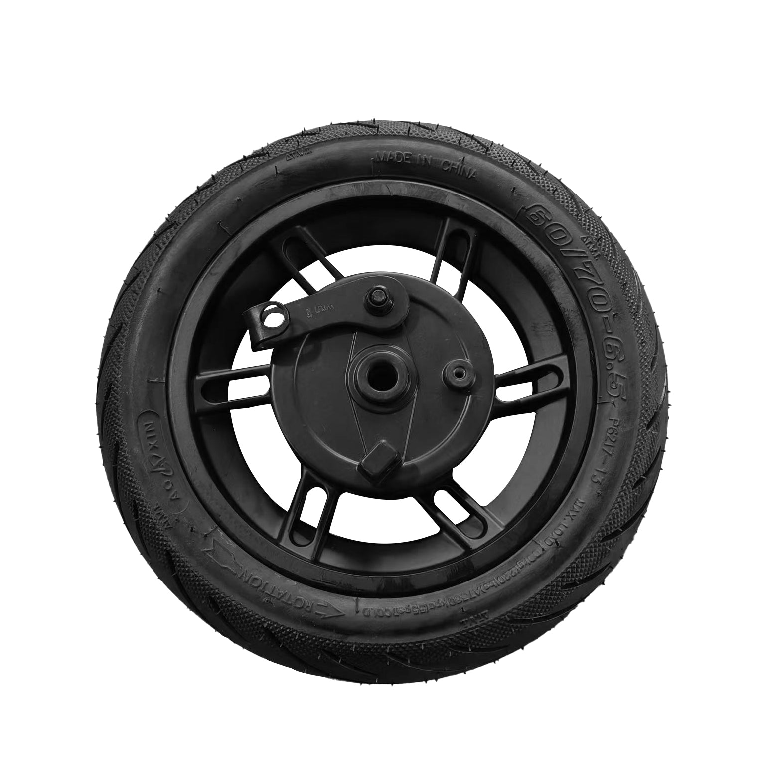 Front wheel assembled with black motorcycle tires, showing the tire tread and brand details