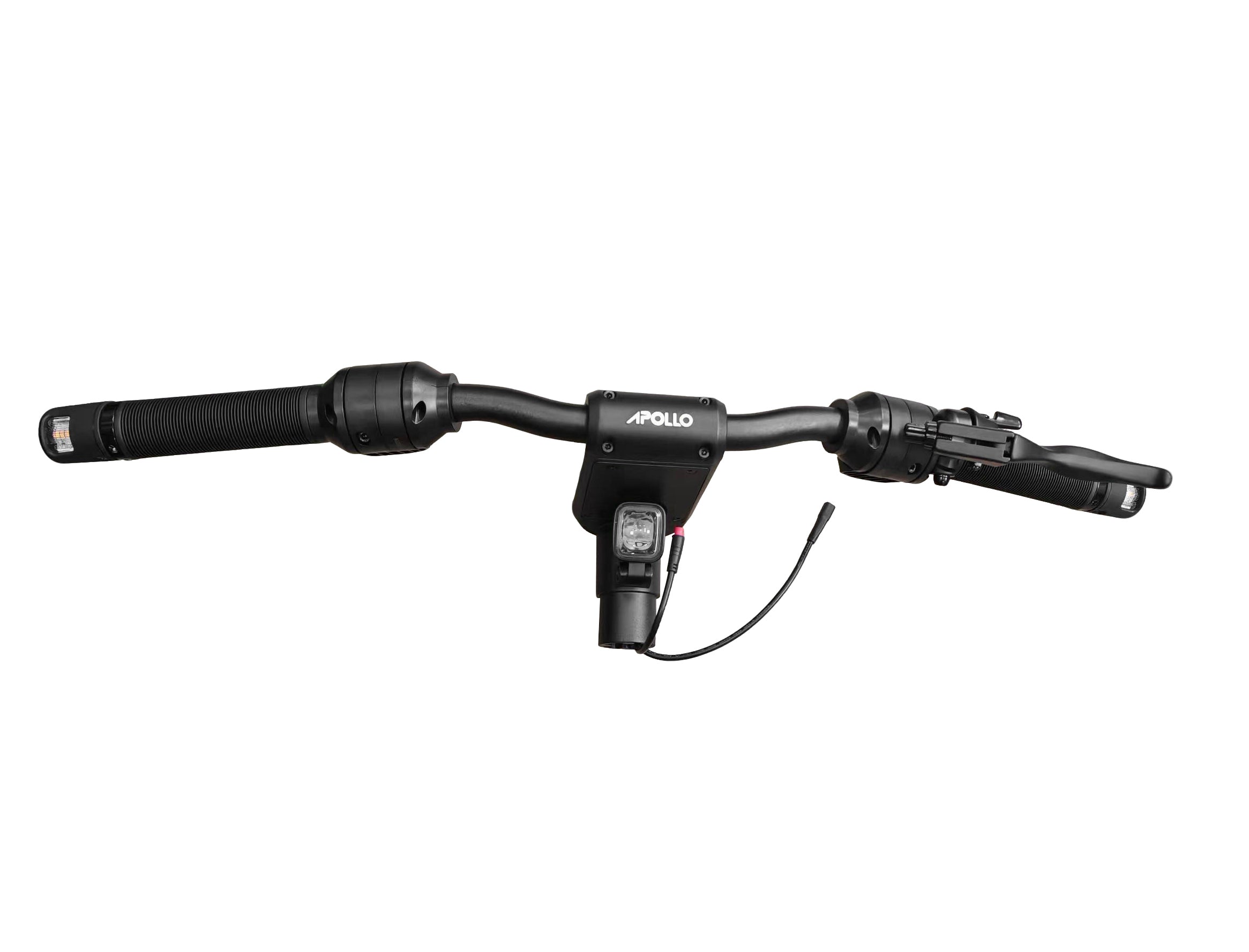Apollo Ebike Handlebars featuring front light and throttle handlebar on black ebike