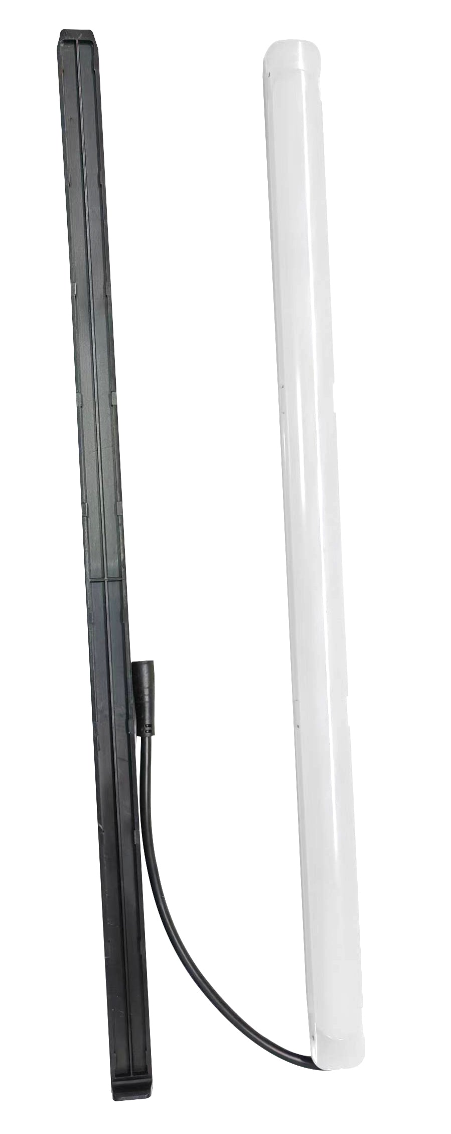 View of a back-lit power unit connected into a white tube, representing a vertical grow light unit on a plain background