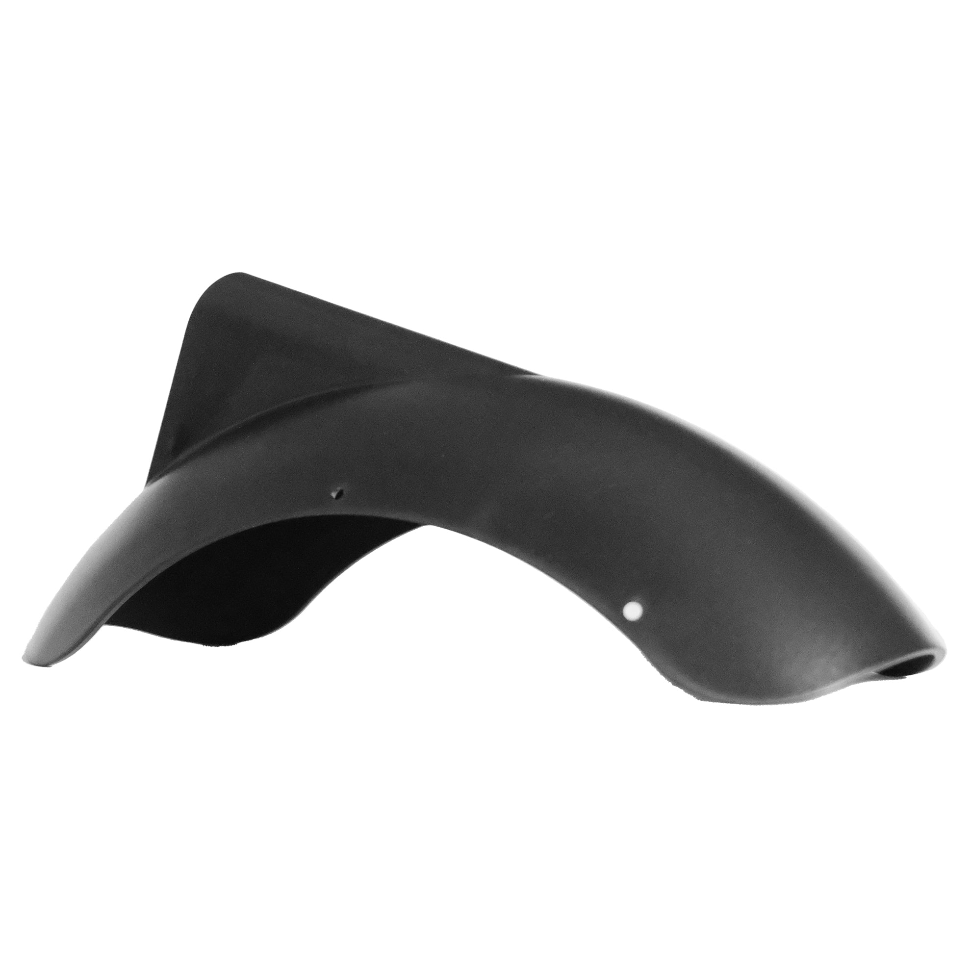 Black front fender with curved shape for motorcycles displayed against white background.