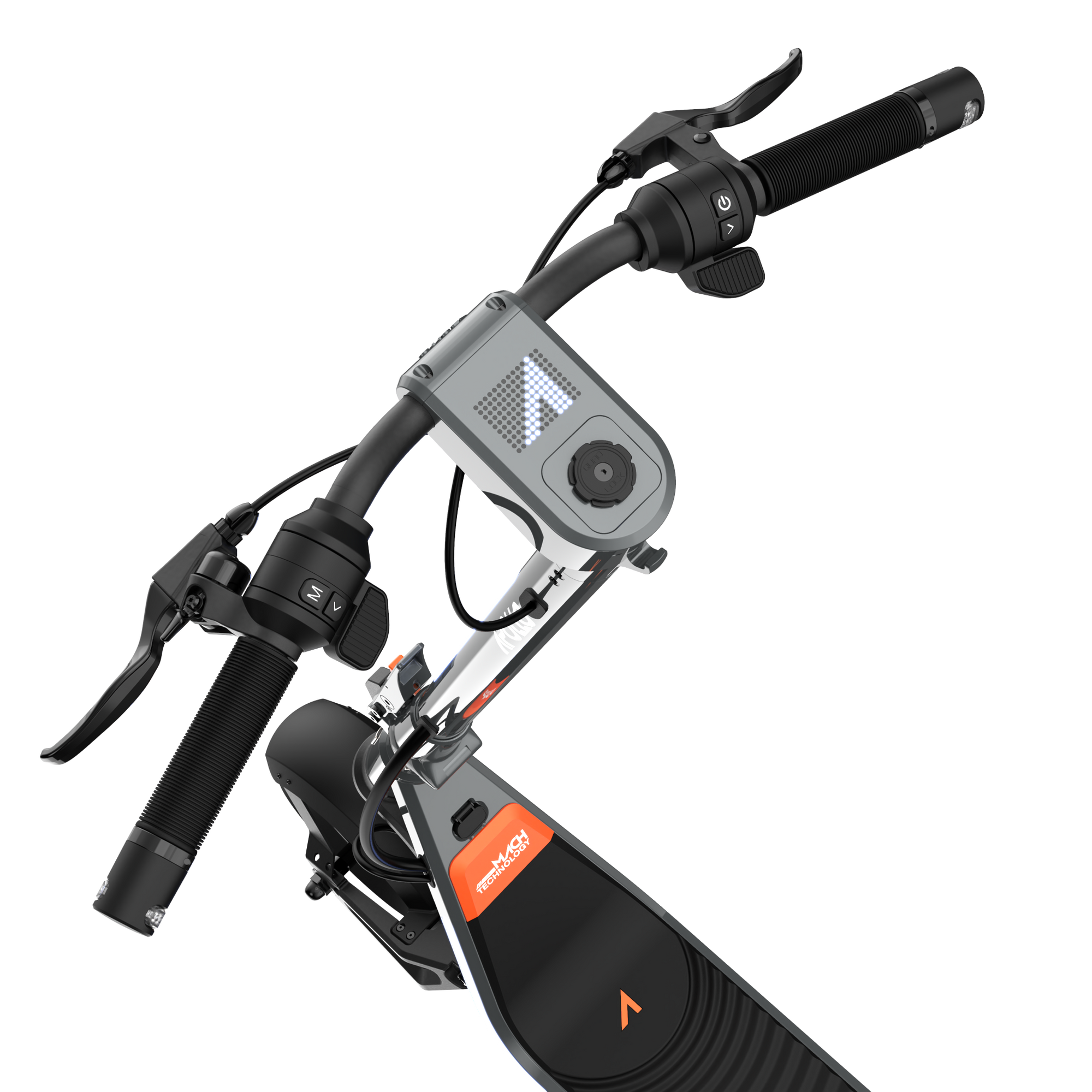 A close-up of the Apollo City 2.0 commuter scooter handle bars. 