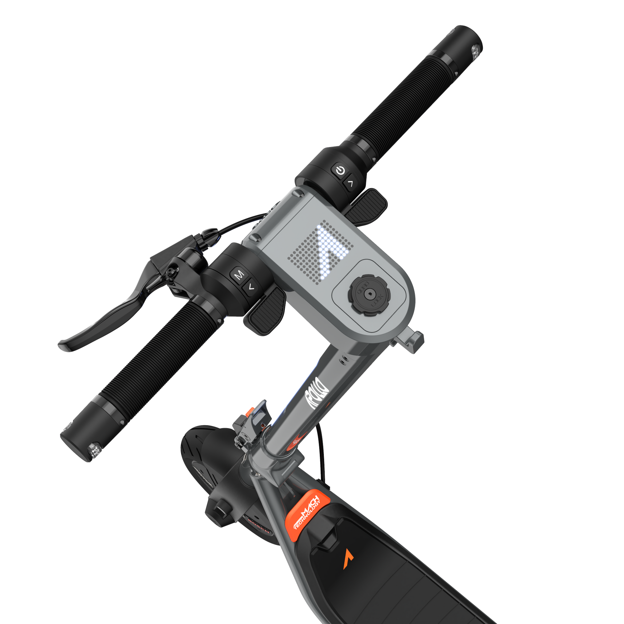 A close-up of the Apollo Dash commuter scooter handle bars. 