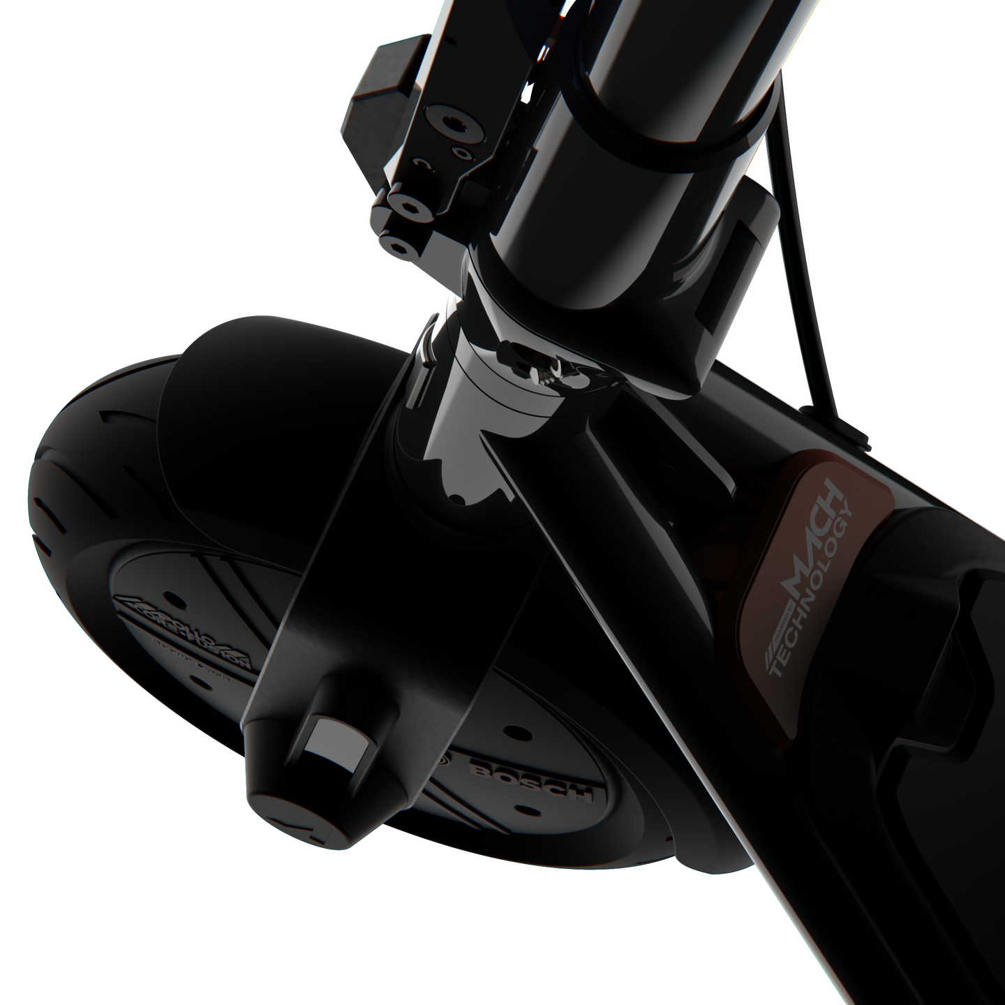 Close-up of a black scooter handlebar with visible branding on a white background