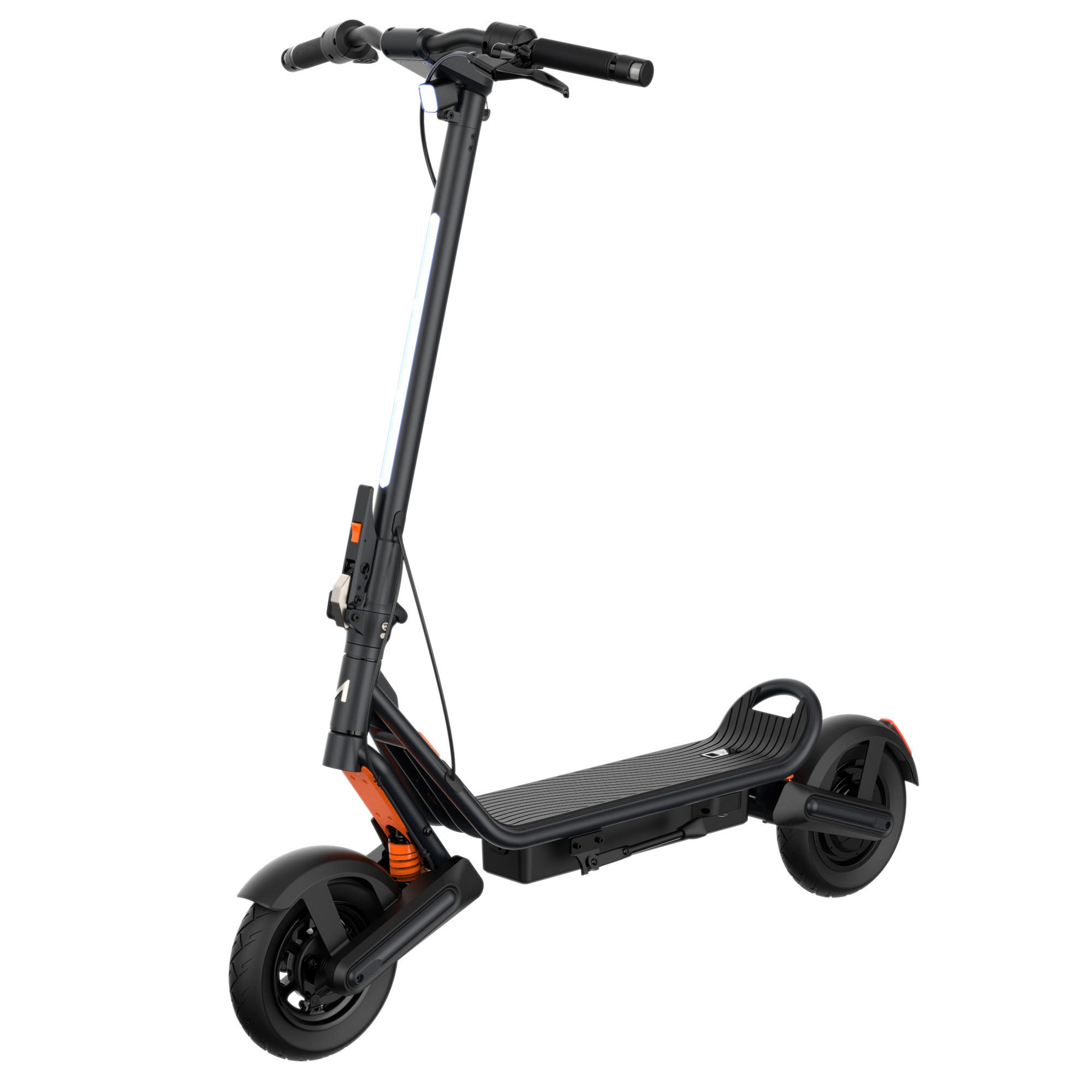 The Apollo Explore Stellar electric commuter scooter in a black finish with orange accents. 