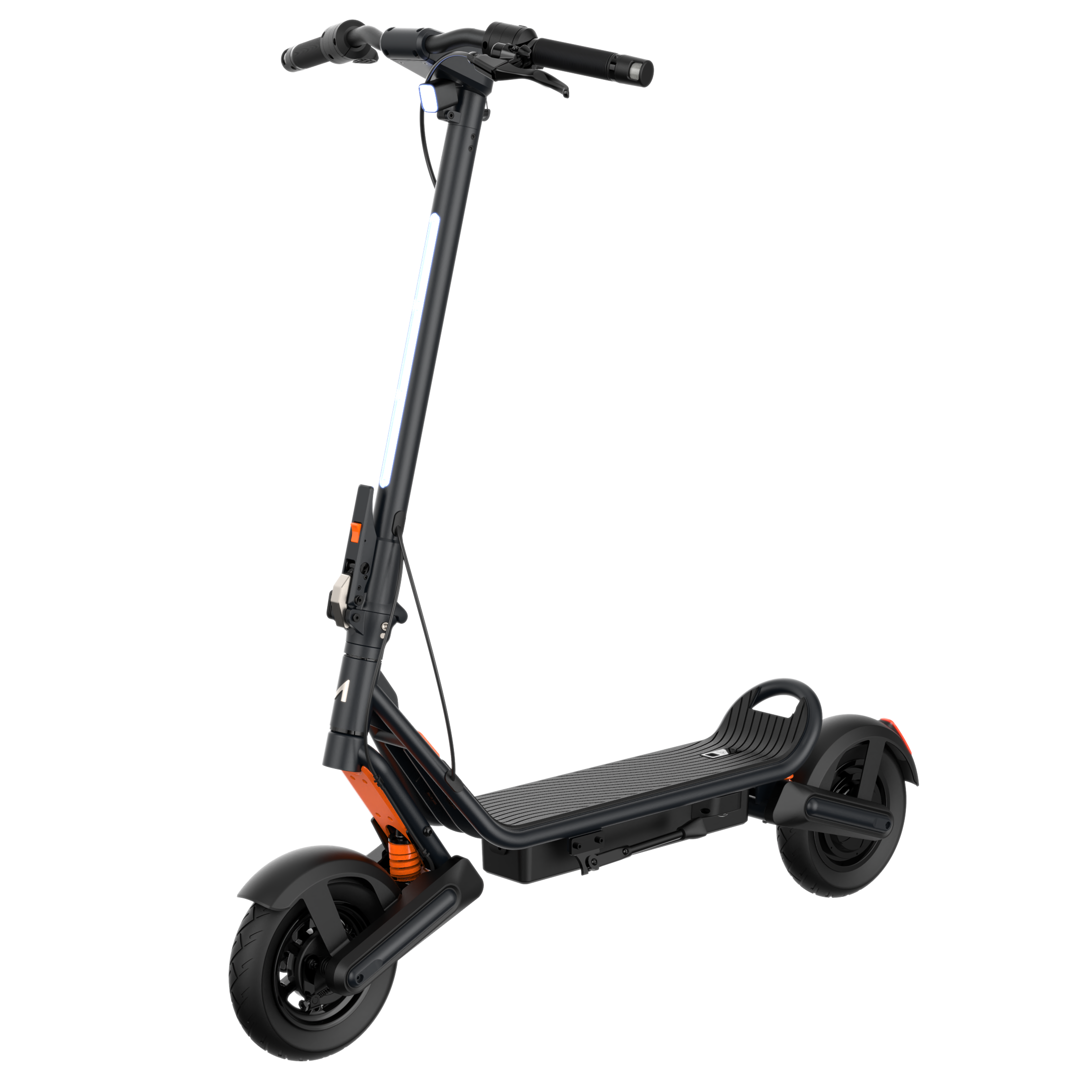 Black electric scooter with orange accents on a white background