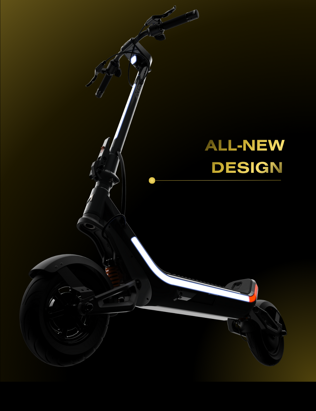 Black scooter with 'All-New Design' text on a dark background