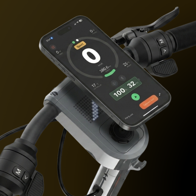 Smartphone mounted on an electric scooter with Apollo app interface