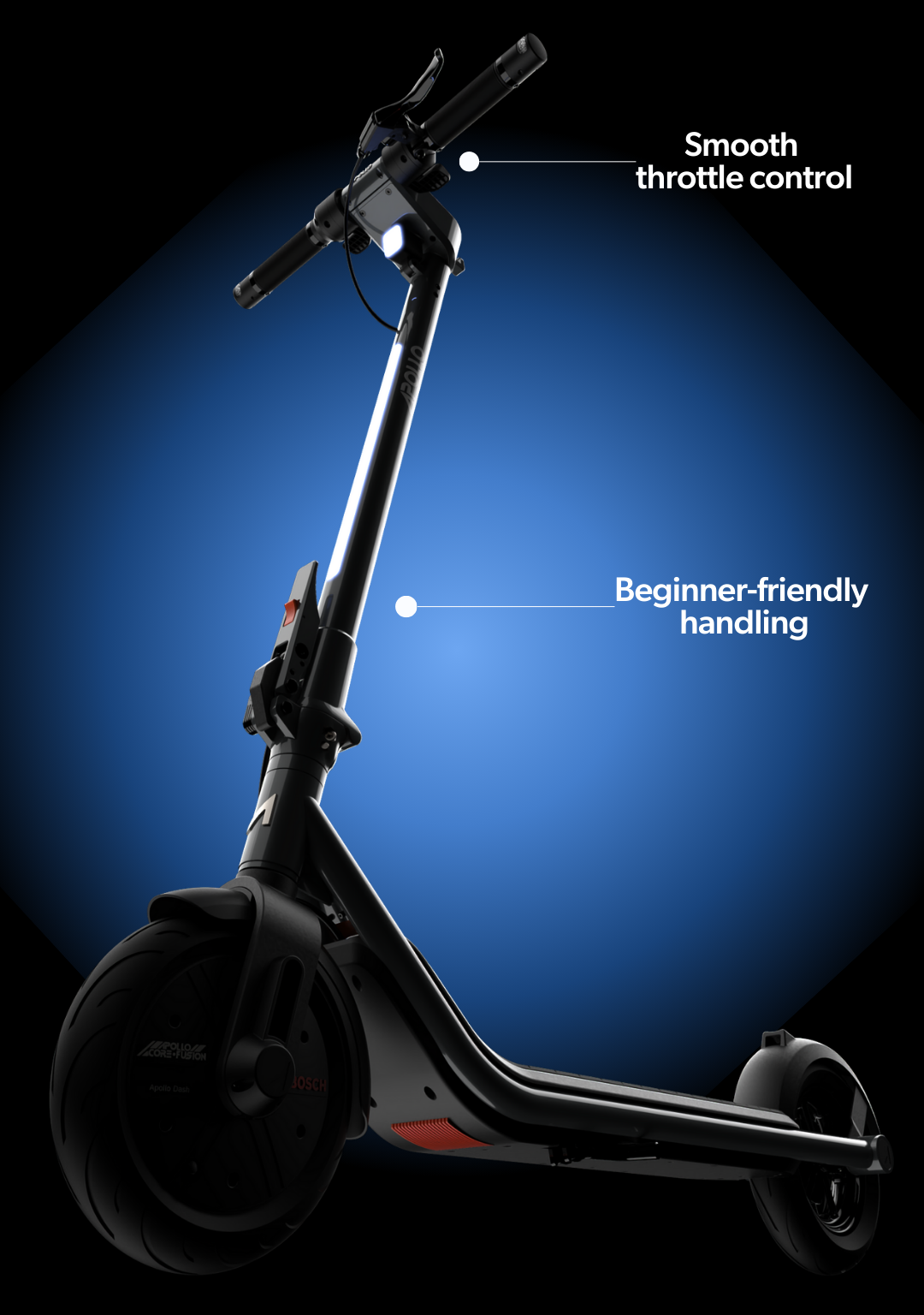 Scooter with text highlighting smooth throttle control and beginner-friendly handling on a blue and black gradient background.