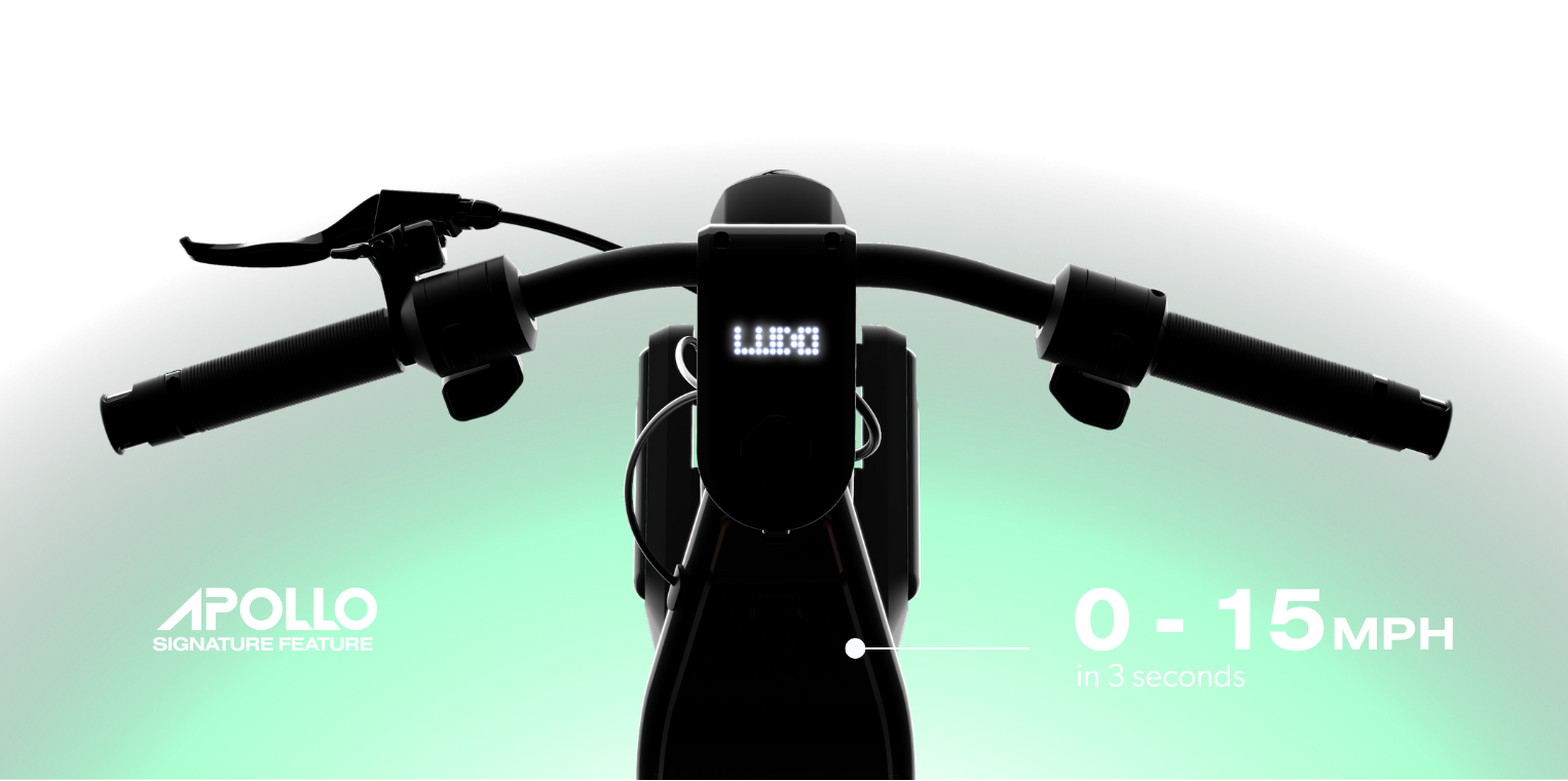 Close-up of an electric scooter handlebar with Apollo branding and speed display on a white background