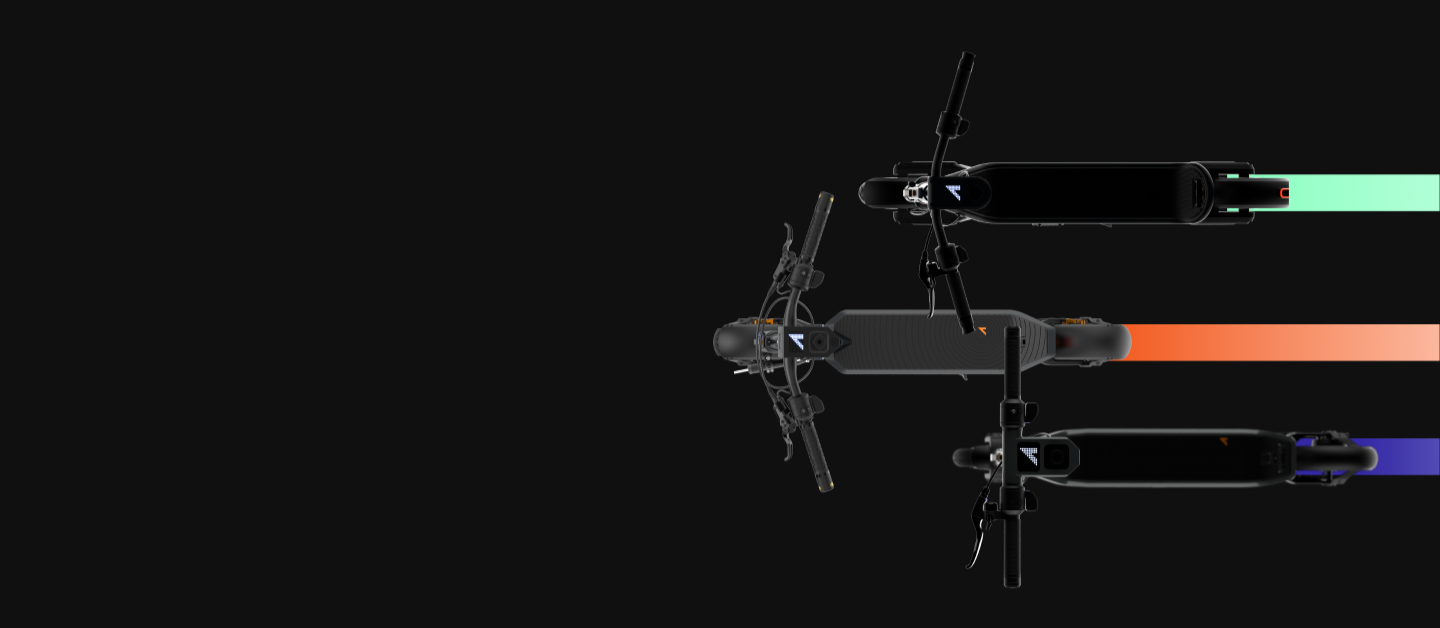 Electric scooters seemingly going from the right to the left of the screen each with different colored line