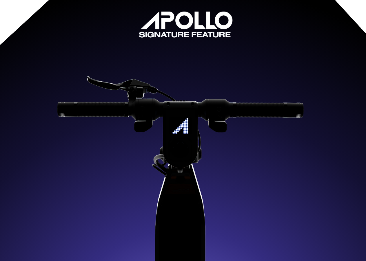 Silhouette of a bike handlebar with 'Apollo' branding on a dark background
