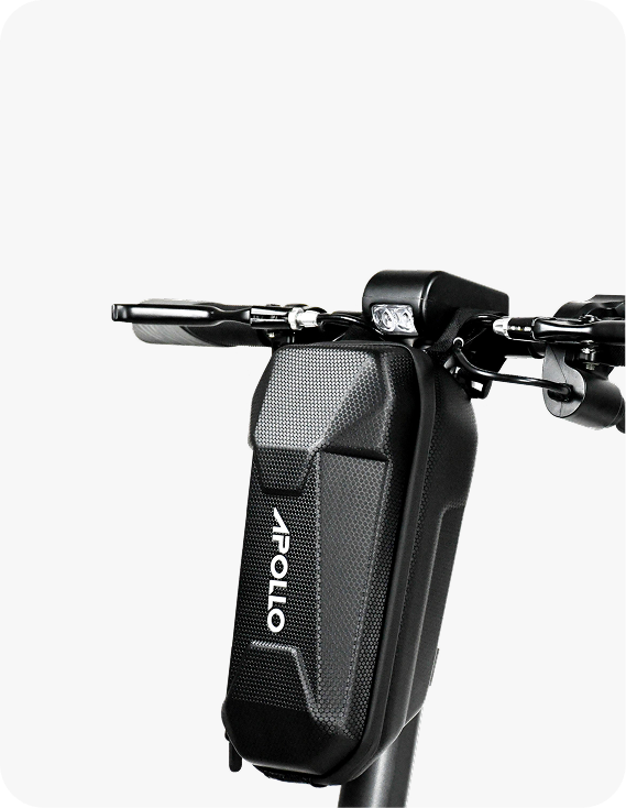 Close up shot of Apollo black electronic scooter bike handle with storage bag on it