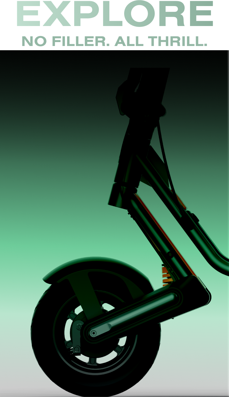 Silhouette of a scooter with a gradient green background and text 'EXPLORE NO FILLER. ALL THRILL.'