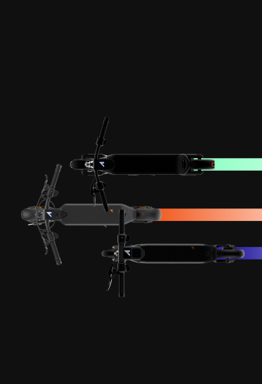 Electric scooters seemingly going from the right to the left of the screen each with different colored line