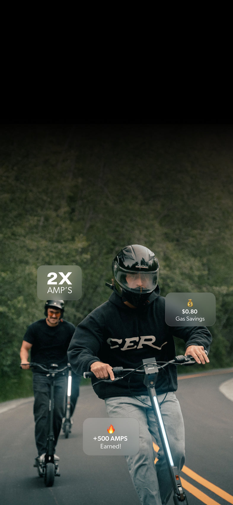 Two people riding scooters on road with a helmet icon in the middle saying 2X AMP'S and lower says +500 AMPs Earned!