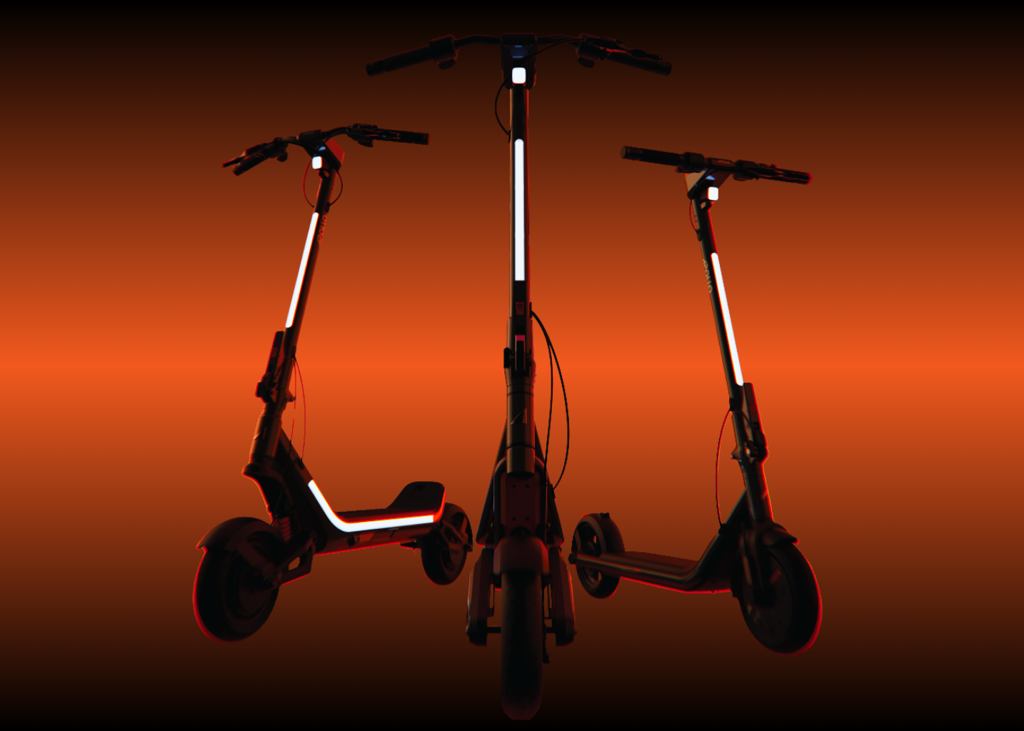 Three scooters silhouetted against an orange sunset sky
