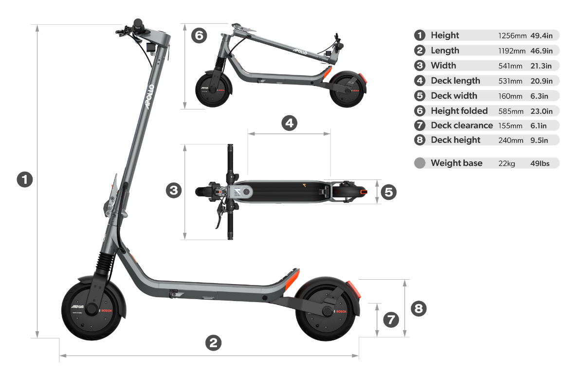 A technical dimension diagram of a folding electric scooter showing multiple views with measurement callouts and a specifications table on a white background.