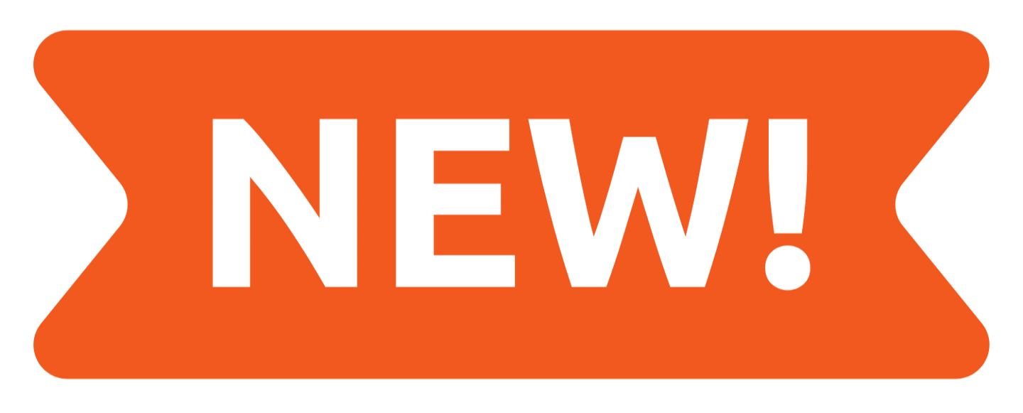 Orange 'NEW!' banner with white text on a white background