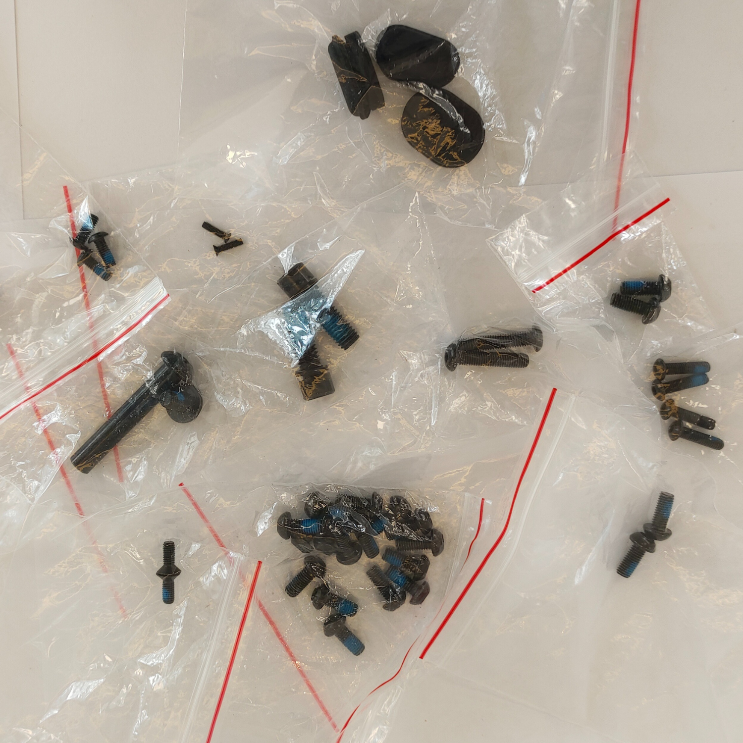 Screws and nuts in bags with screwheads including large bolts and small screws.
