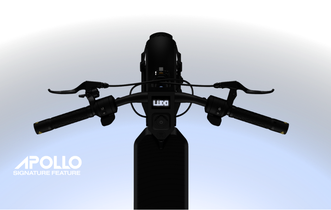 Apollo electric scooter's signature feature with handlebars and LED console displayed in front of blue gradient background