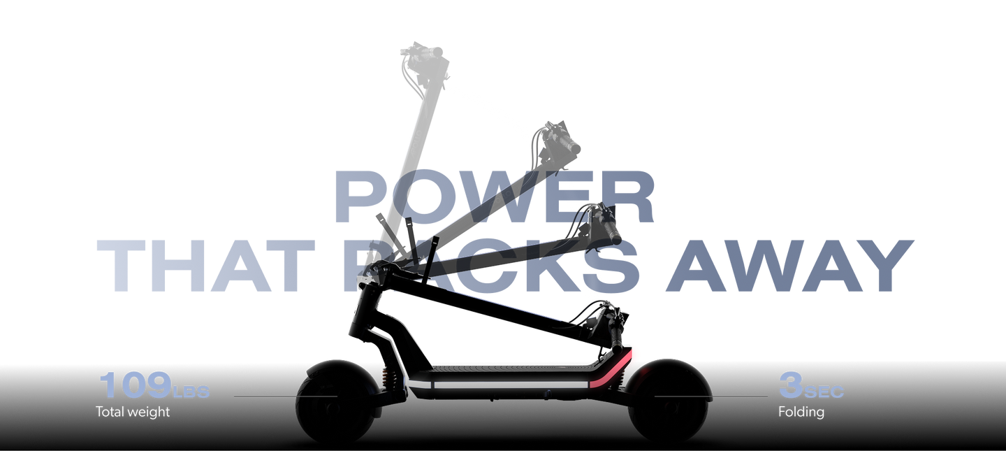 Scooter showcasing its power and folding speed, with key specifications highlighted.