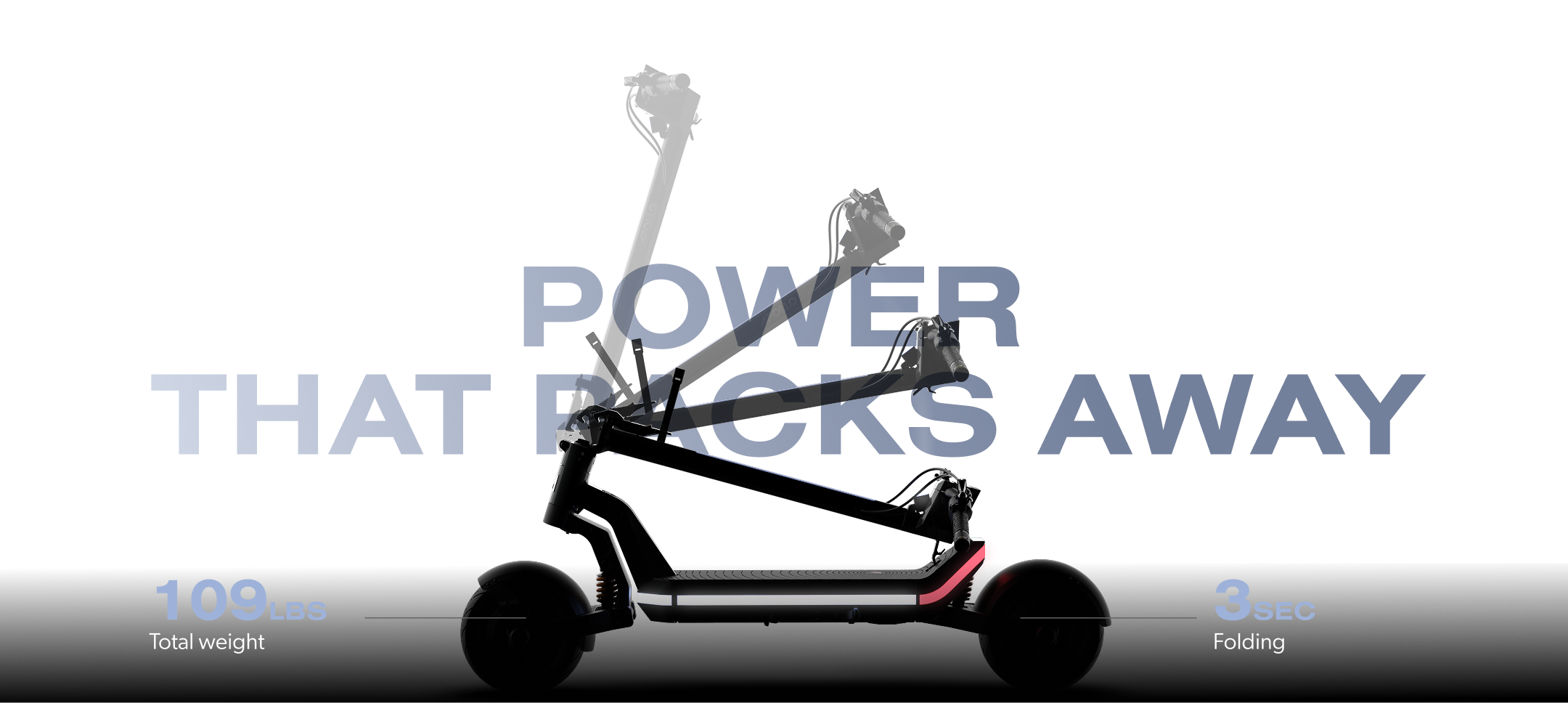 Scooter showcasing its power and folding speed, with key specifications highlighted.