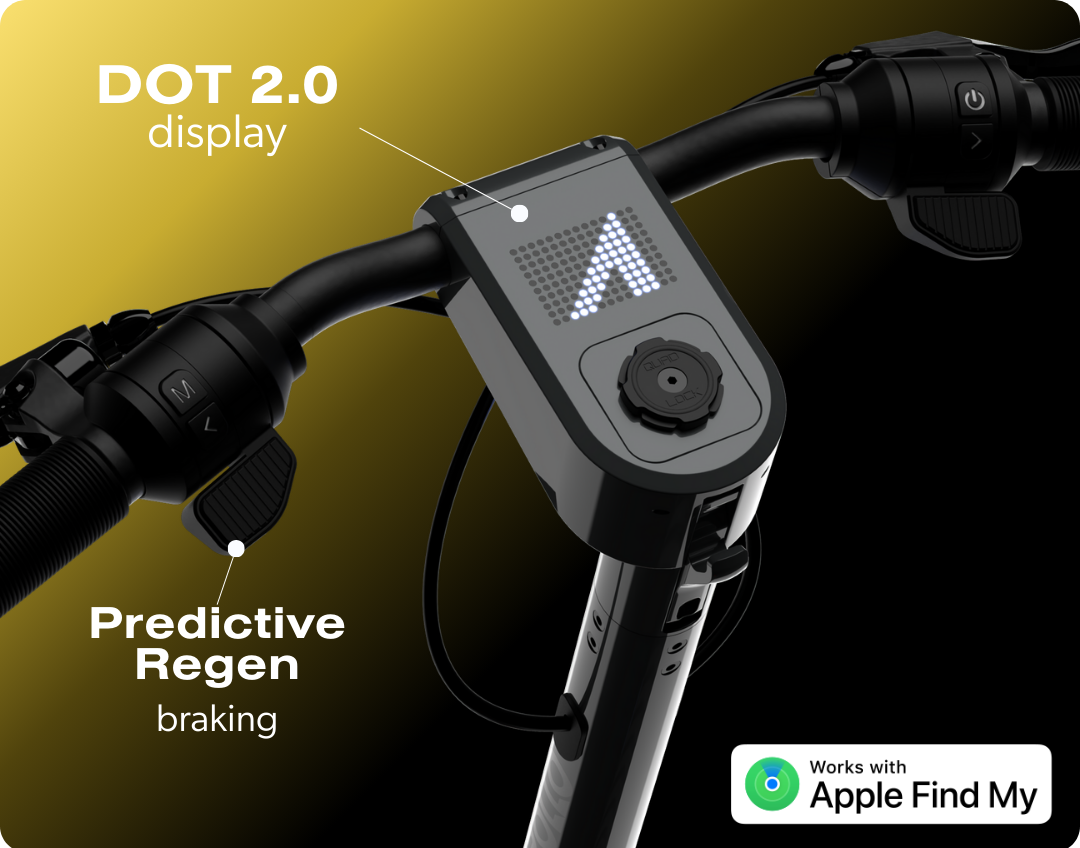 Scooter handlebar with a display showing 'Predictive Regen braking' and 'Apple Find My' on a white background.