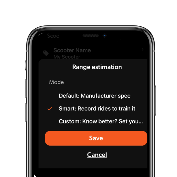 Smartphone displaying a range estimation app on a white background