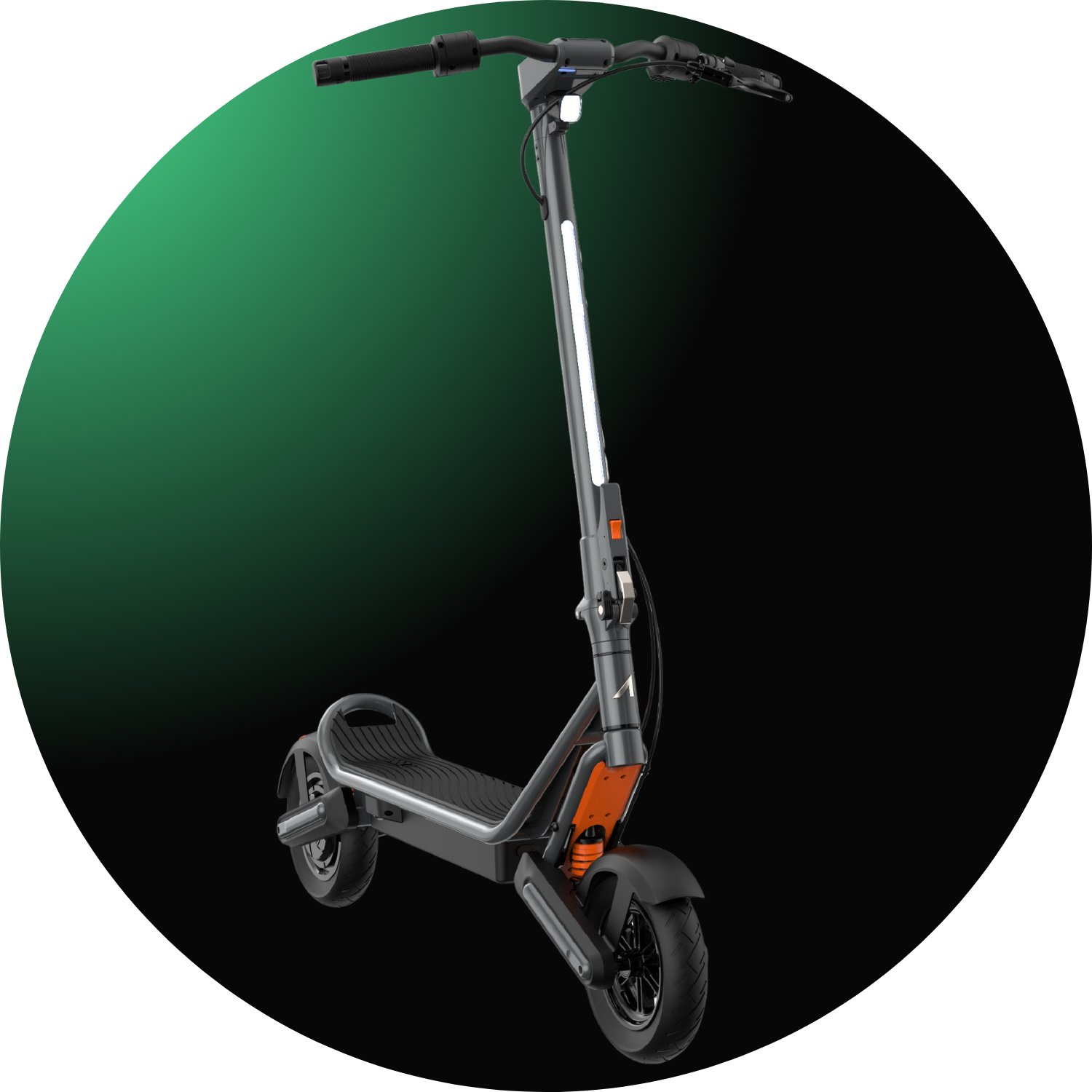Electric scooter with a black and silver finish, prominently displayed against a green gradient background