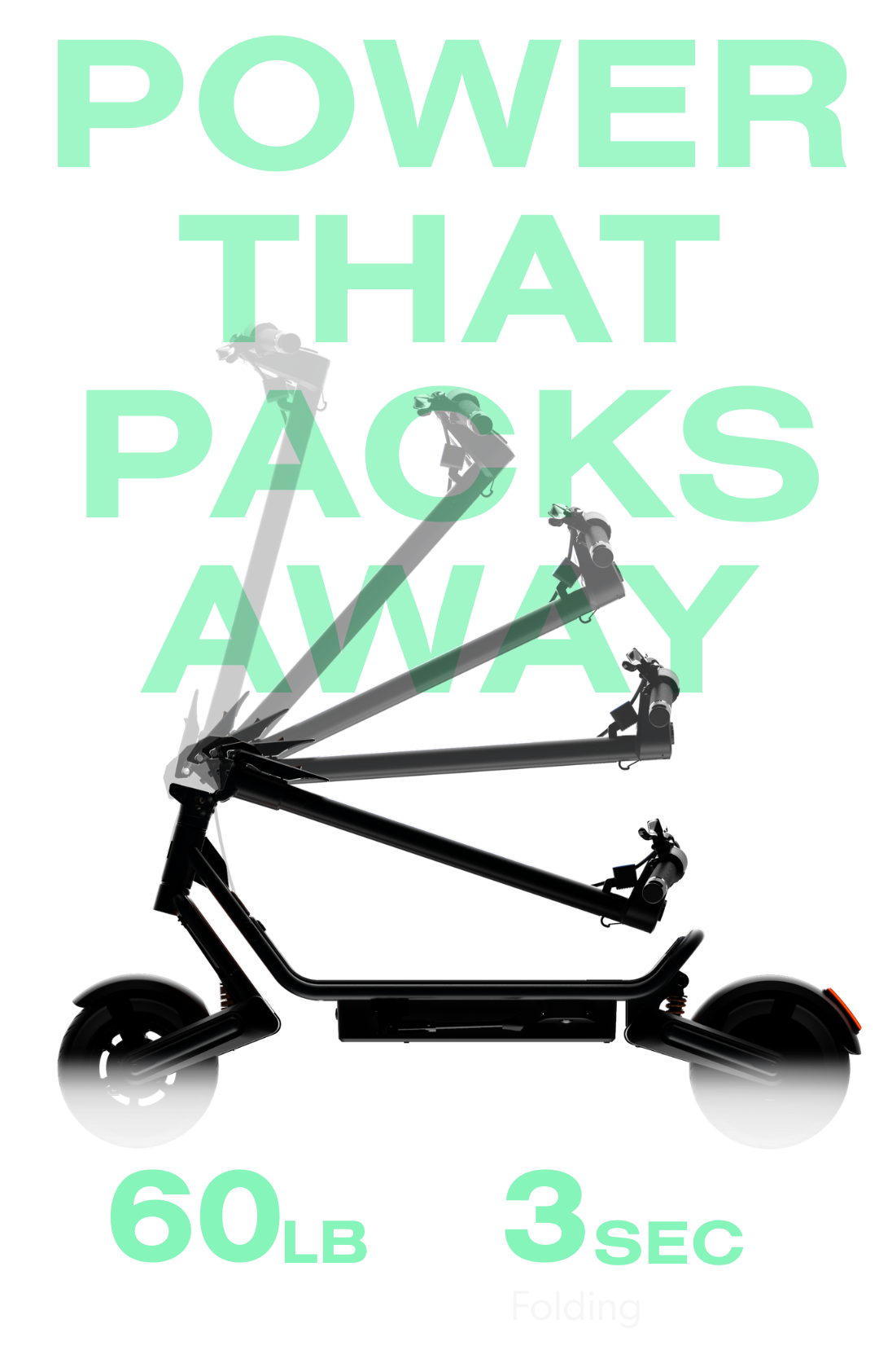 Black scooter with text 'Power That Packs Away' on a white background