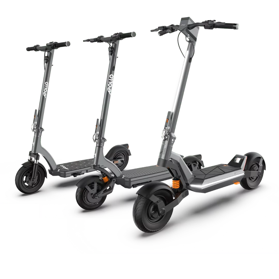 Three-shot image of Apollo electric scooters featuring two gray scooters against a green background with a white stripe below image.