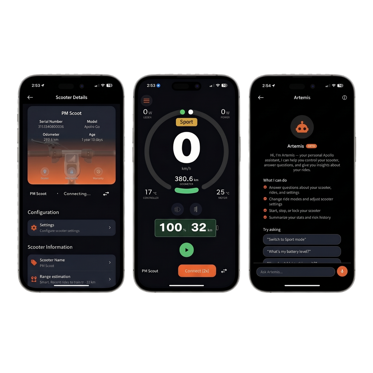The Apollo App showing ride stats, tuning and route screens