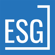ESG corporate icon with symbol formed by square brackets on a blue background.